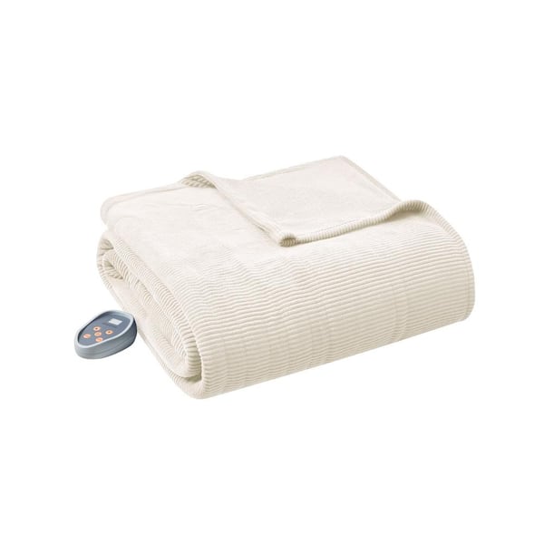 Folded ivory Beautyrest BR54-0177 Queen electric micro-fleece blanket with one visible control