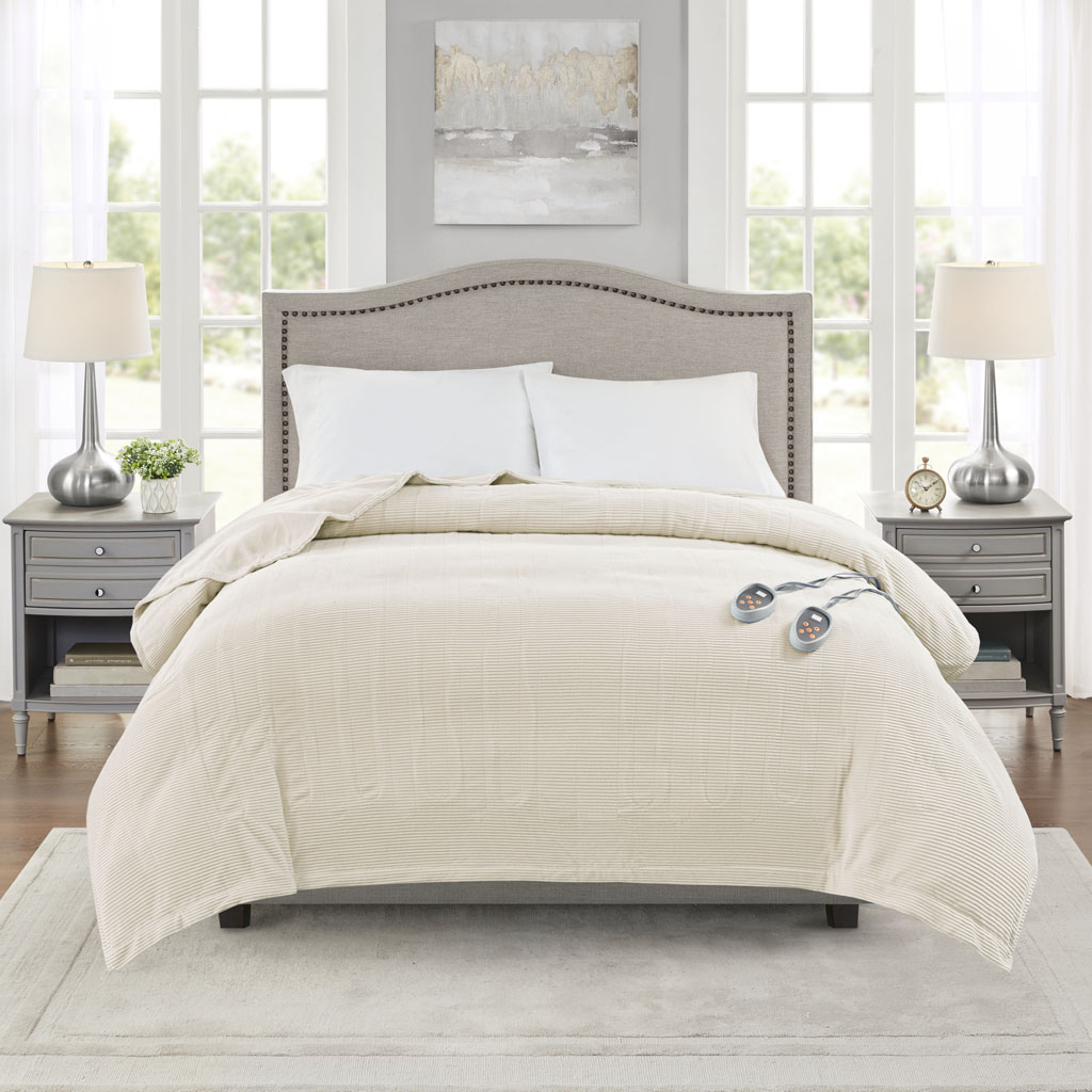 Official Olliix item image associated with Beautyrest BR54-0178 Ivory King; an ivory-looking bed blanket with two wired controls visible