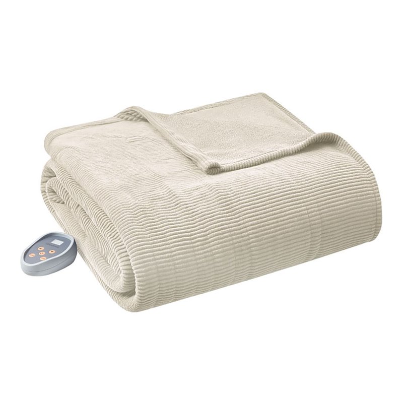 Folded beige Beautyrest micro-fleece heated blanket with one controller, shown on the Cymax BR54-0179 listing
