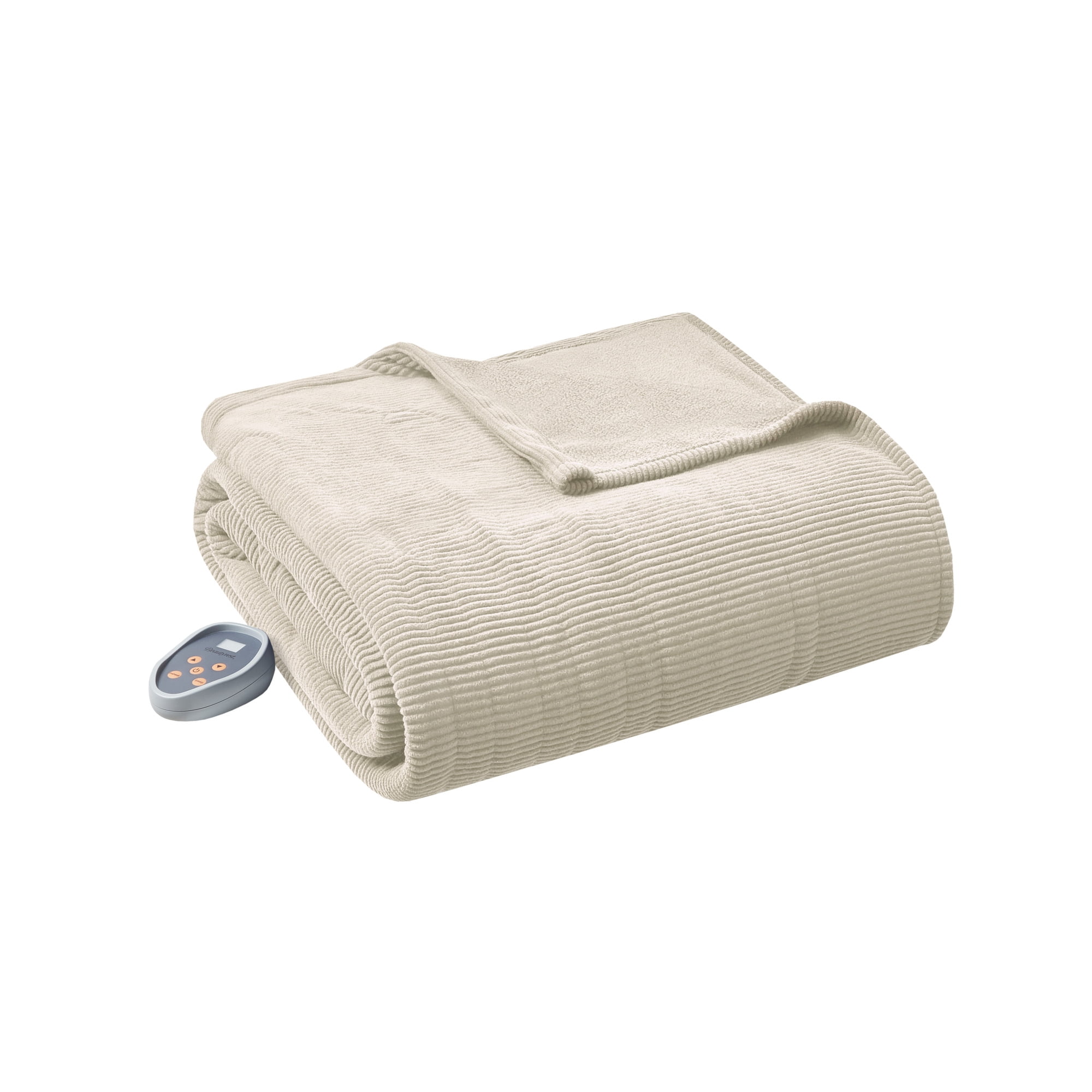 Folded beige-looking Beautyrest Full electric micro-fleece blanket with one visible controller; gallery image associated with BR54-0180