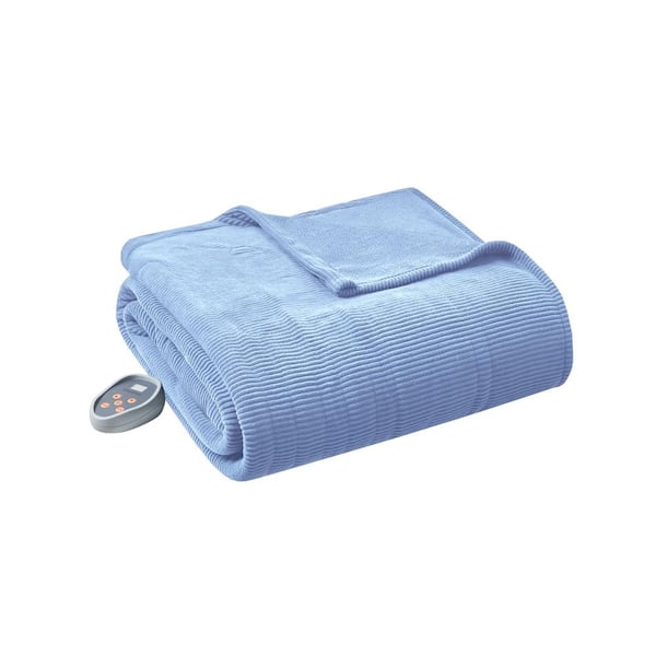 Folded pale-blue ribbed-looking Beautyrest micro-fleece heated blanket with one control visible; exact size is established by the listing, not the image