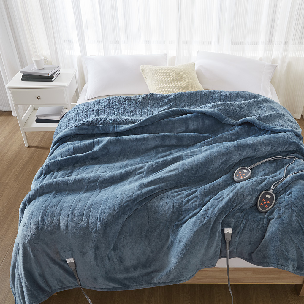 Blue-looking Beautyrest BR54-0380 Blue King heated blanket with two wired controls, as shown in manufacturer item image