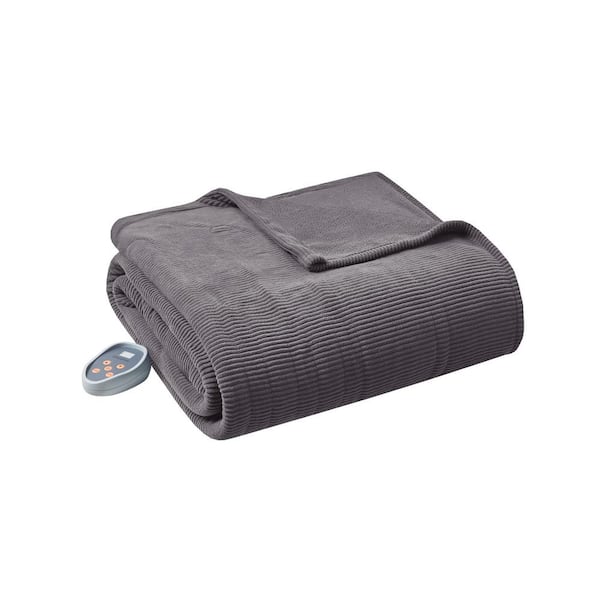 Folded Grey Beautyrest Twin micro-fleece heated blanket with one controller in the exact BR54-0411 listing image