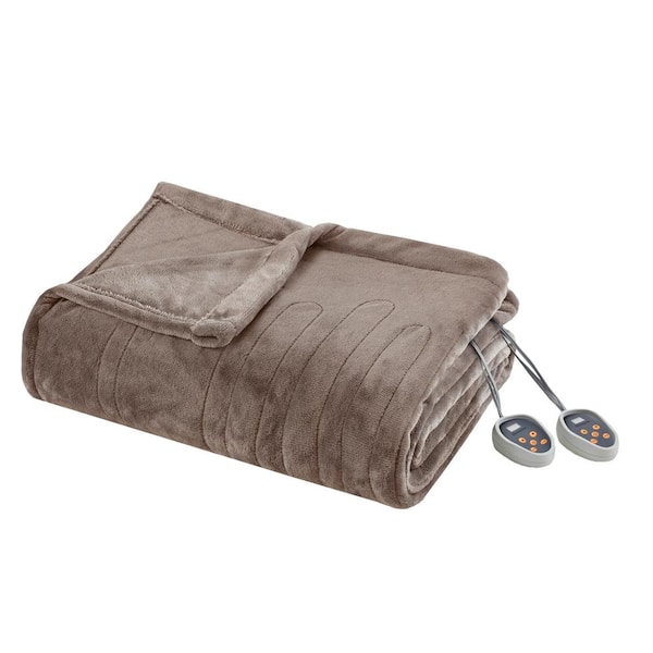 Folded taupe-looking Beautyrest heated blanket and two controllers in the image associated with the BR54-0520 Mink King listing
