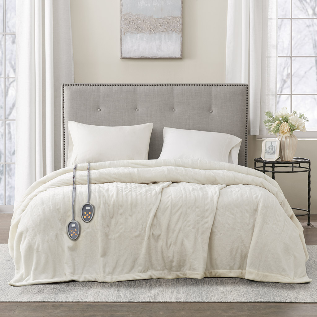 Beautyrest BR54-0524 ivory plush heated blanket image associated with the King item record, showing two wired controllers