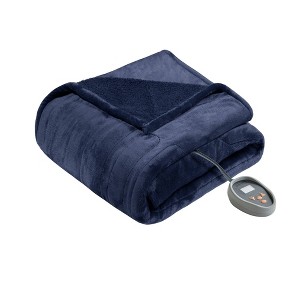 Folded indigo Beautyrest BR54-0646 Twin heated bed blanket with one visible wired controller, shown in the exact consumer listing