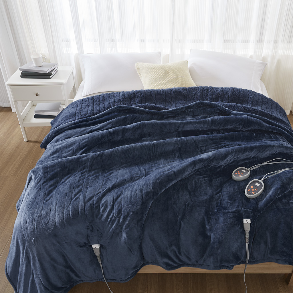Indigo-looking Beautyrest BR54-0648 Queen heated blanket with two wired controls, pictured in the exact-item response