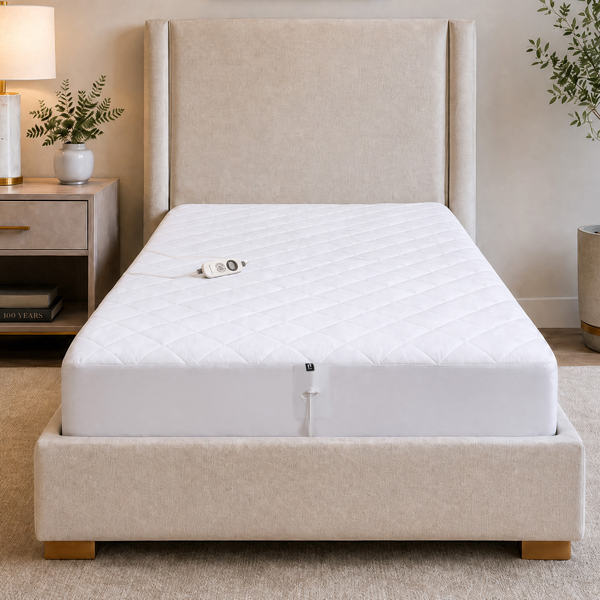 White quilted Beautyrest fitted heated mattress pad on a Twin bed, with one wired controller staged on the surface