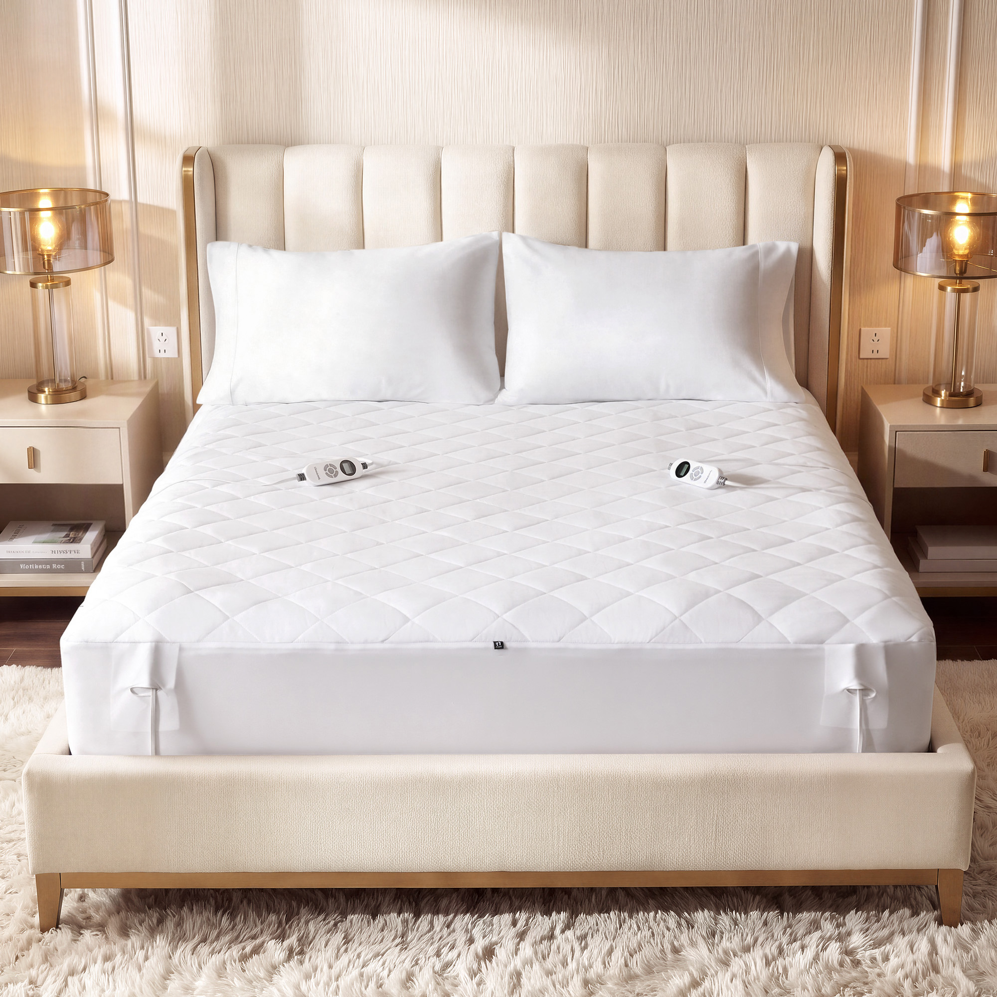 White quilted heated mattress pad on a large bed; two staged wired handsets are visible.