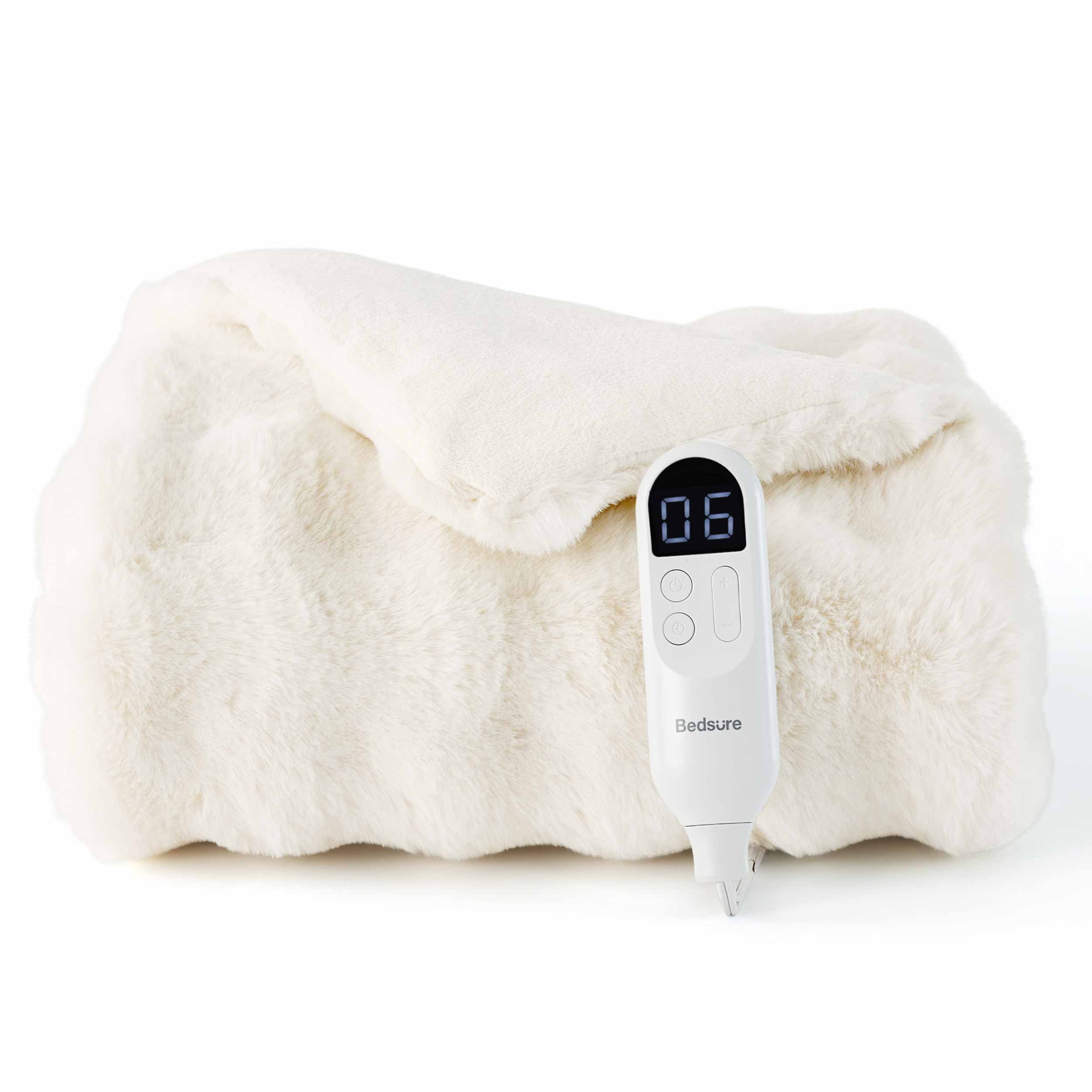 Bedsure Bubble Faux Fur Heated Blanket in Coconut Milk, folded with its controller