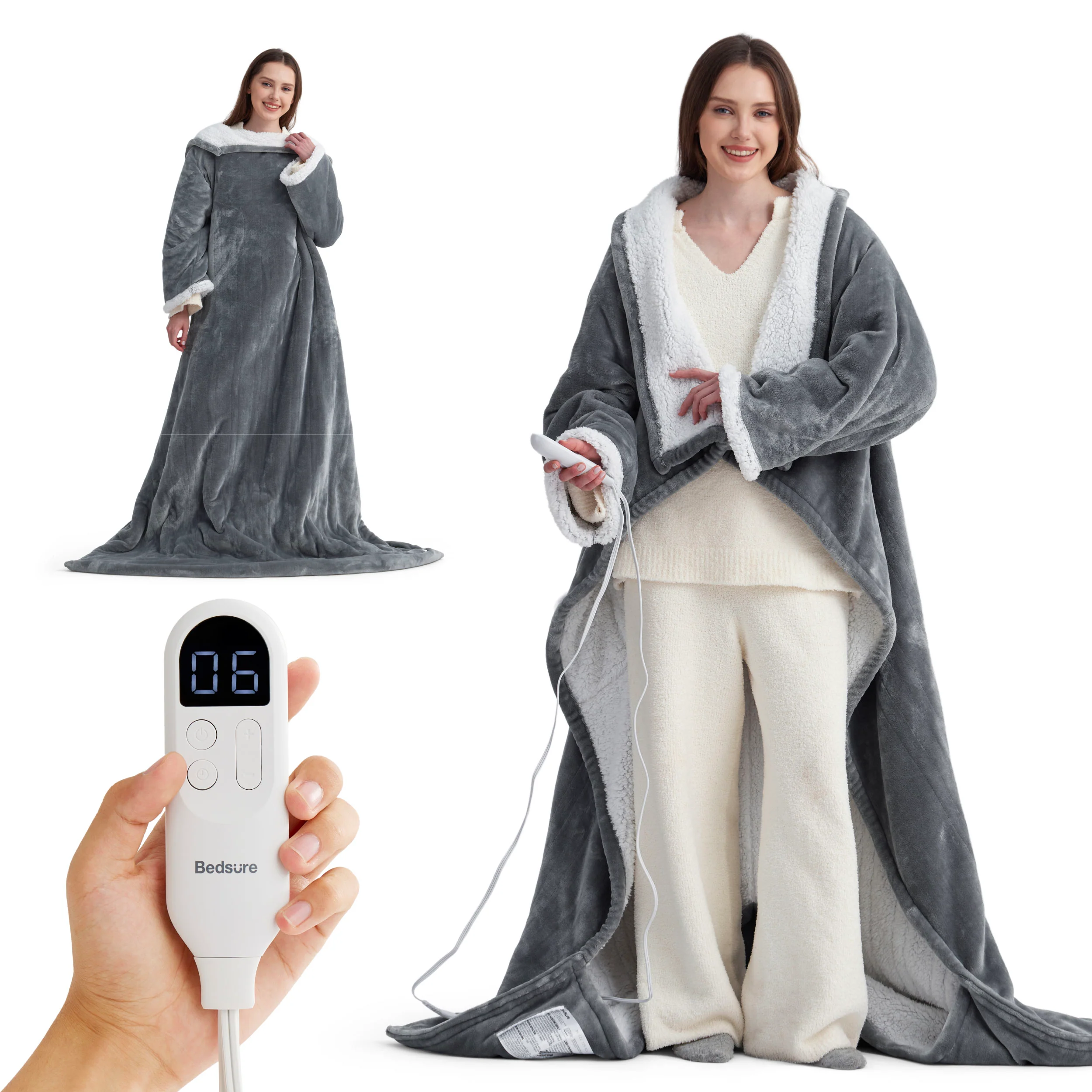Bedsure Full-body Sherpa Fleece wearable heated blanket in Grey with foot warmer and controller