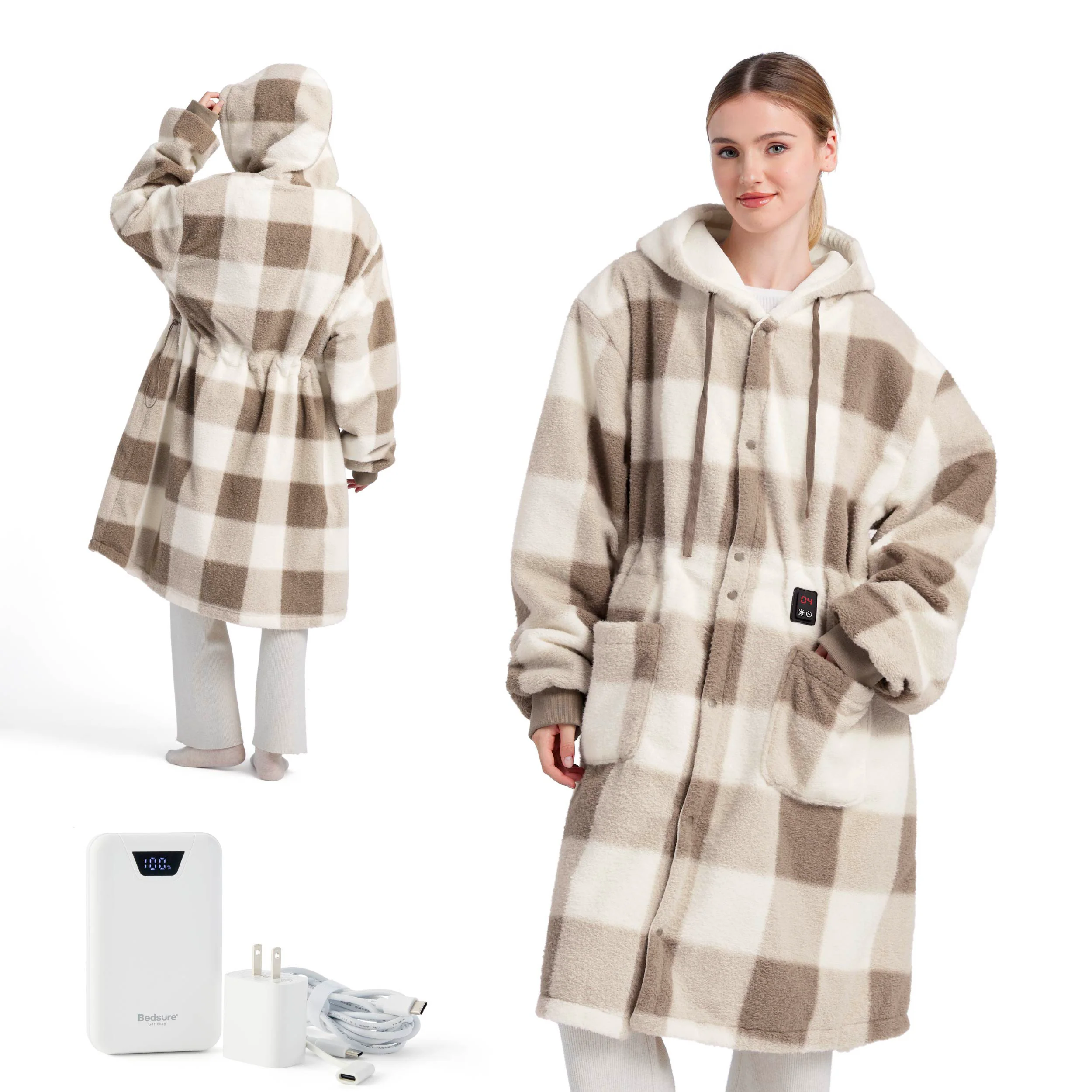 Bedsure GentleSoft Heated Faux Cashmere Blanket Hoodie in Brown Plaid with hood, waist drawstring and battery pack illustration