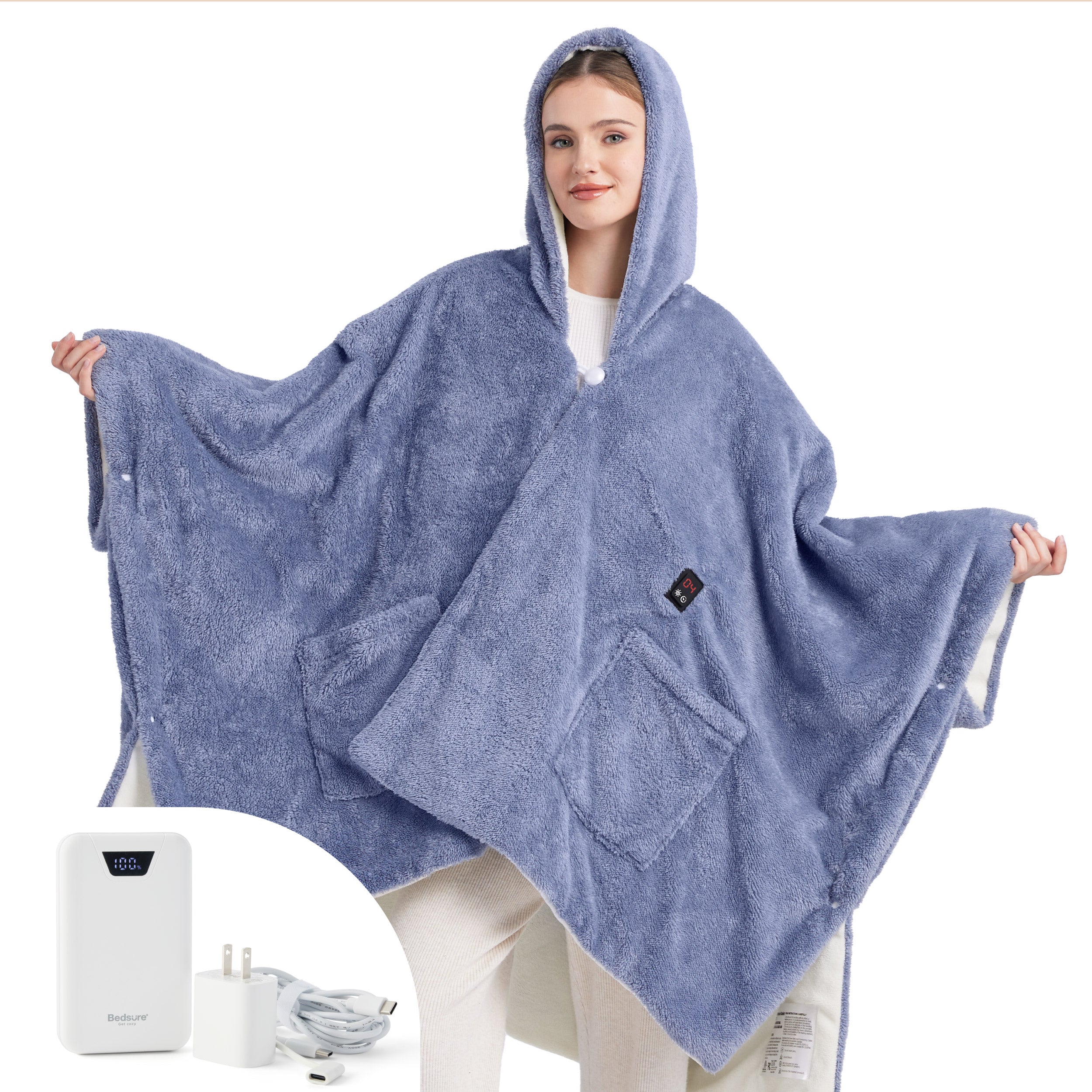 Bedsure GentleSoft Heated Shaggy Fleece Blanket Hoodie in Blue with hood, side snaps and battery illustration