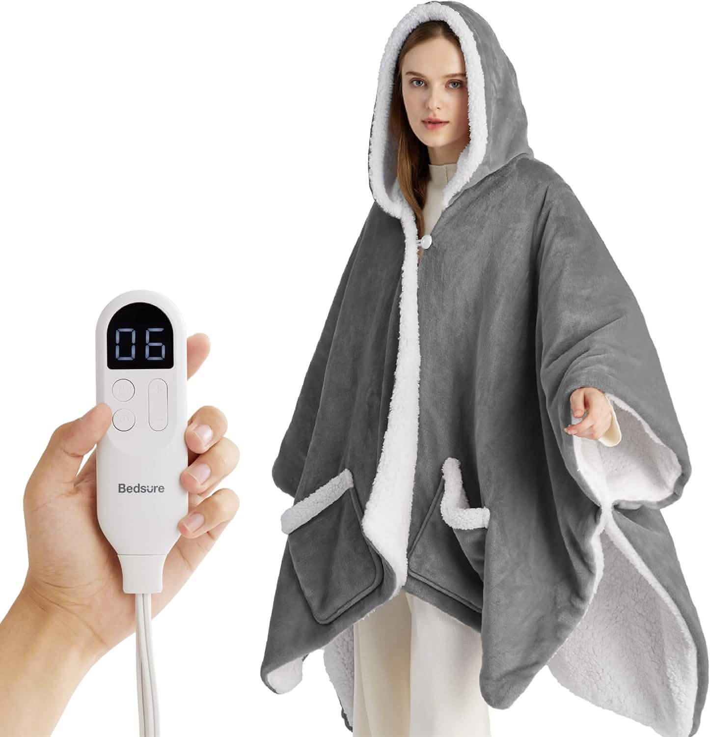 Bedsure Heated Sherpa Fleece Blanket Hoodie in Grey, with controller, hood and front pockets