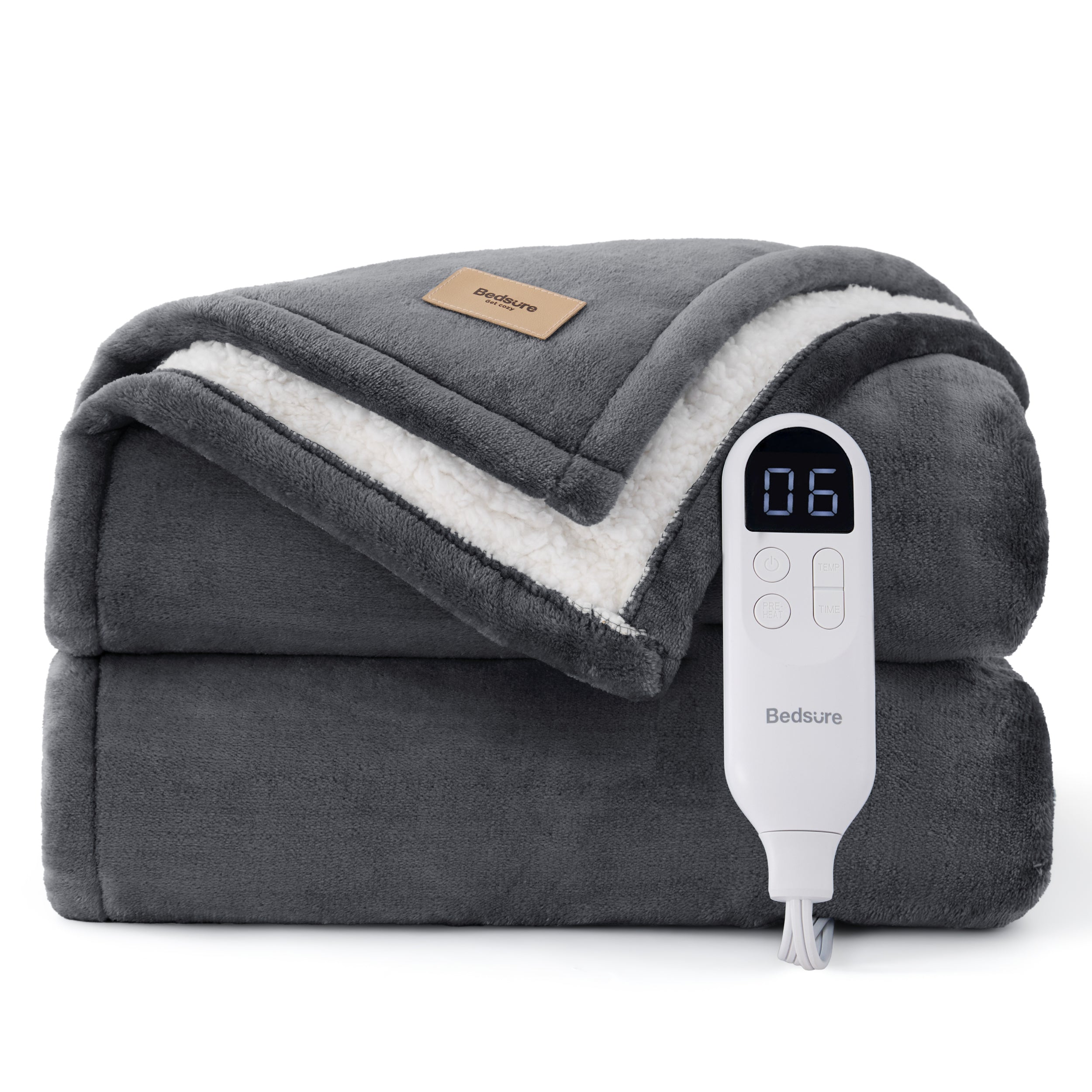 Bedsure HeatX Grey heated blanket, folded to show the layered fabric and digital controller