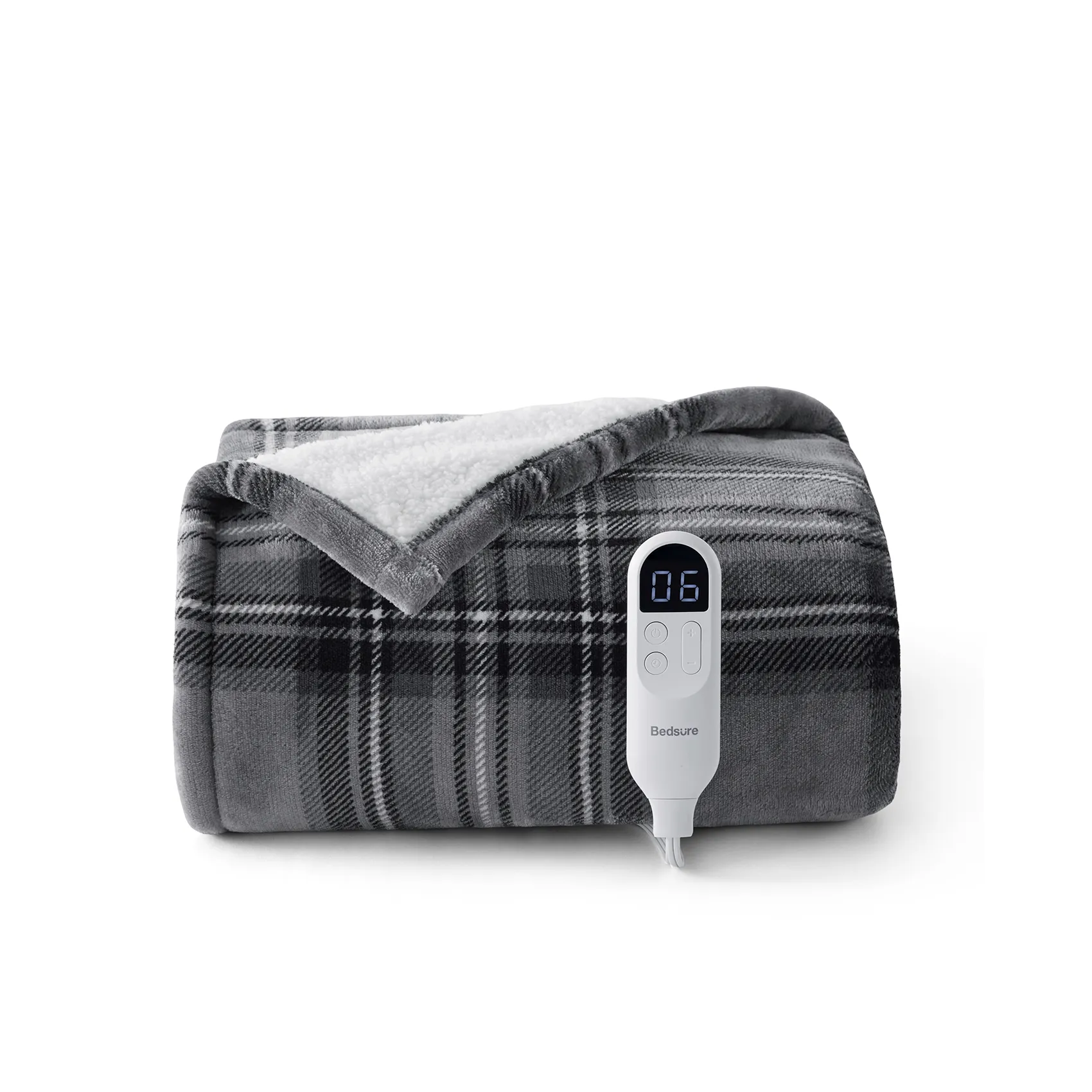 Bedsure Plaid Flannel Heated Blanket in Gray Flannel Throw size with controller