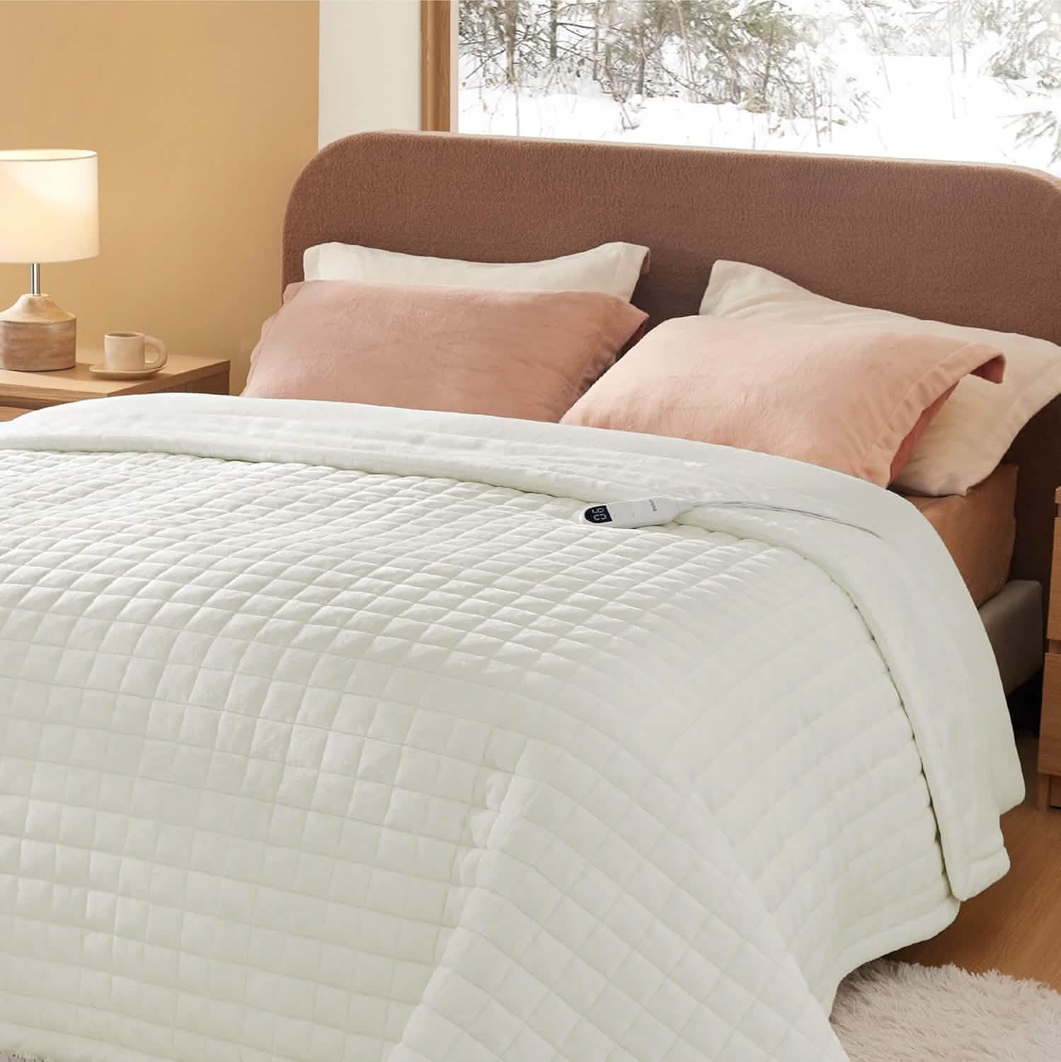 Bedsure Quilted Sherpa Fleece Heated Blanket Grid in Cream, Full size