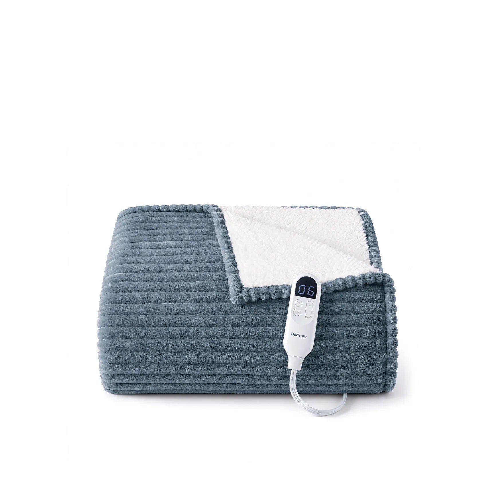 Bedsure Ribbed Heated Blanket in Grey, folded to show its ribbed face, sherpa reverse and controller