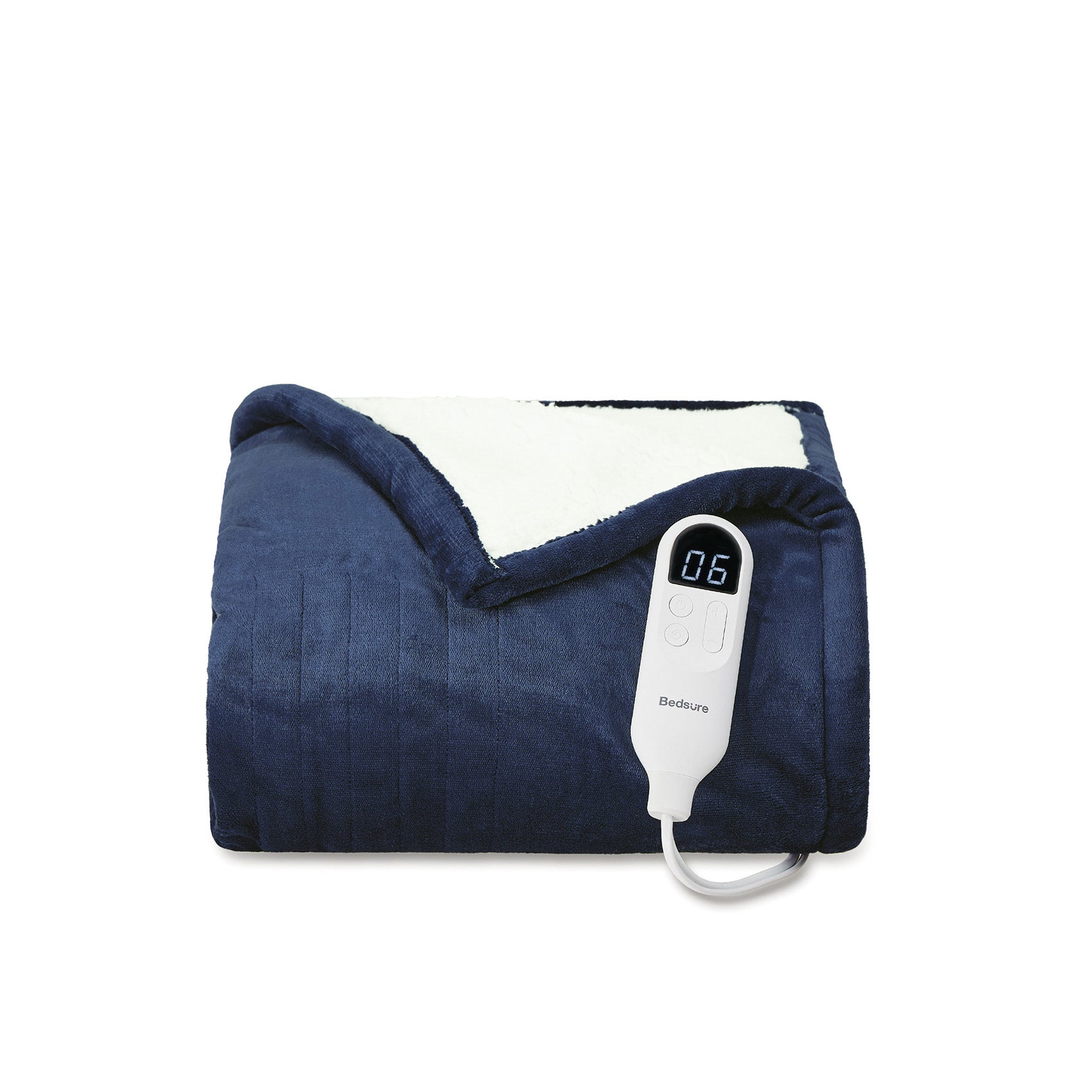 Bedsure Solid Flannel Heated Blanket in Pageant Blue, folded with its light reverse and controller visible.