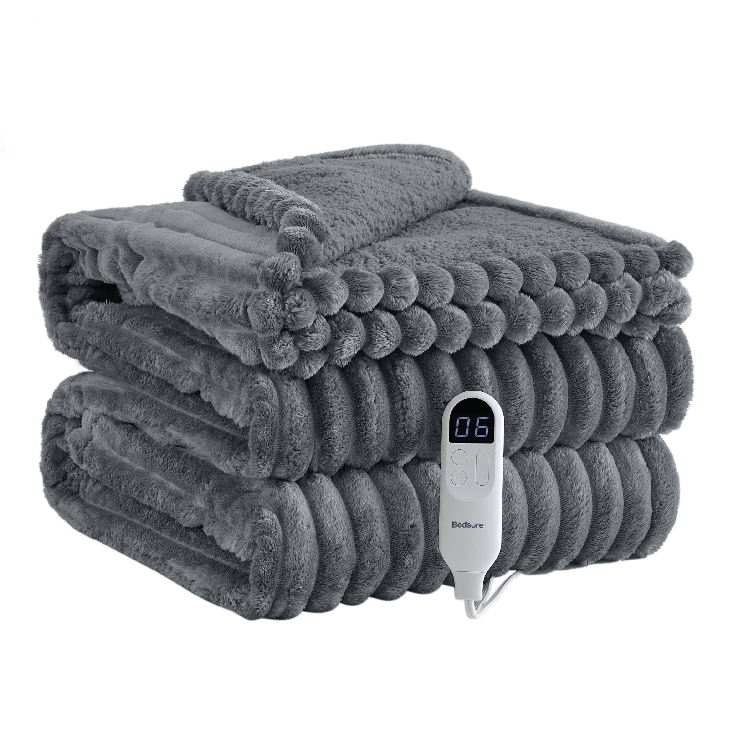 Bedsure Striped Flannel Heated Blanket in Grey, folded with a wired controller shown.