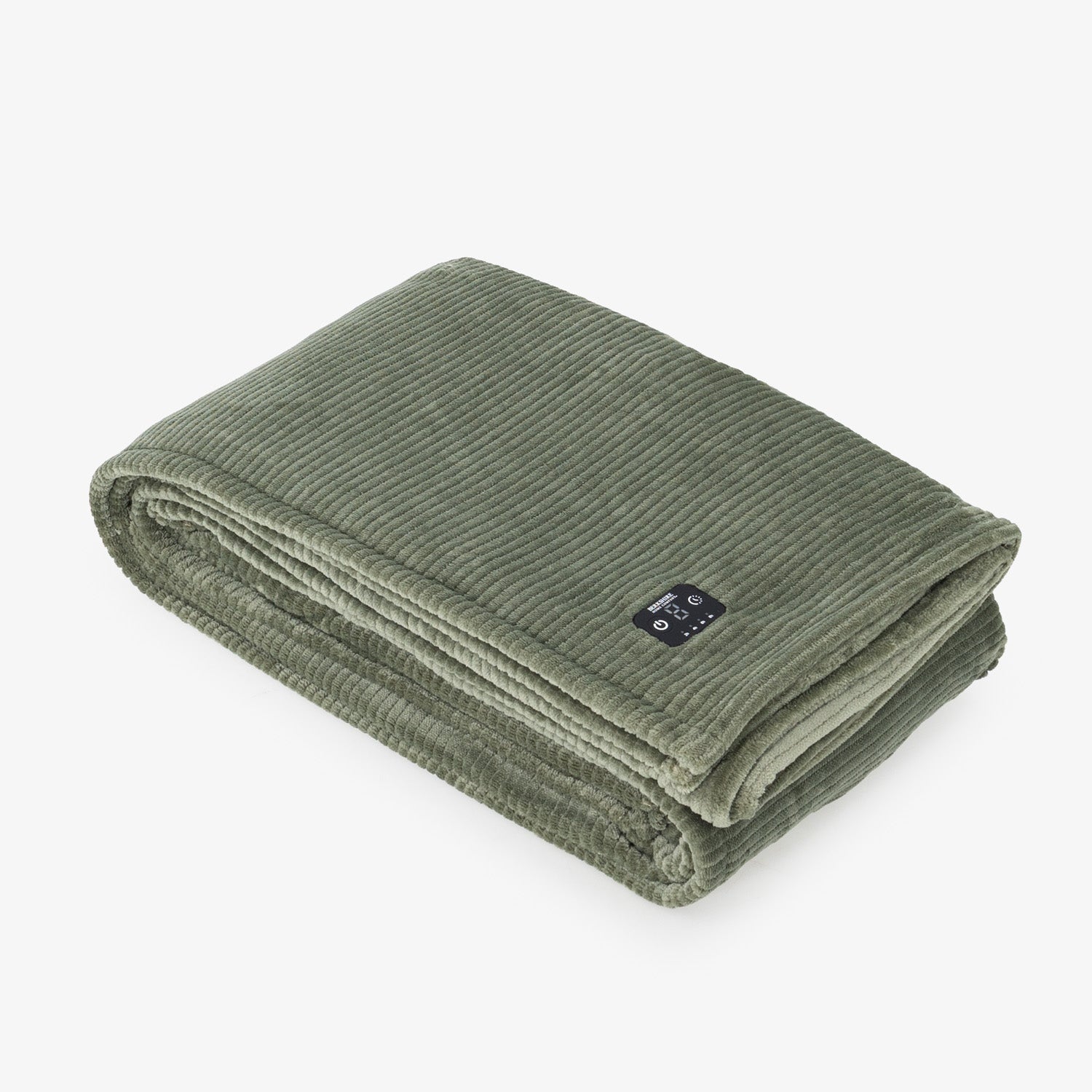 Dark Sage E0817 heated VelvetLoft blanket folded to show its dobby-rib surface and integrated touch control