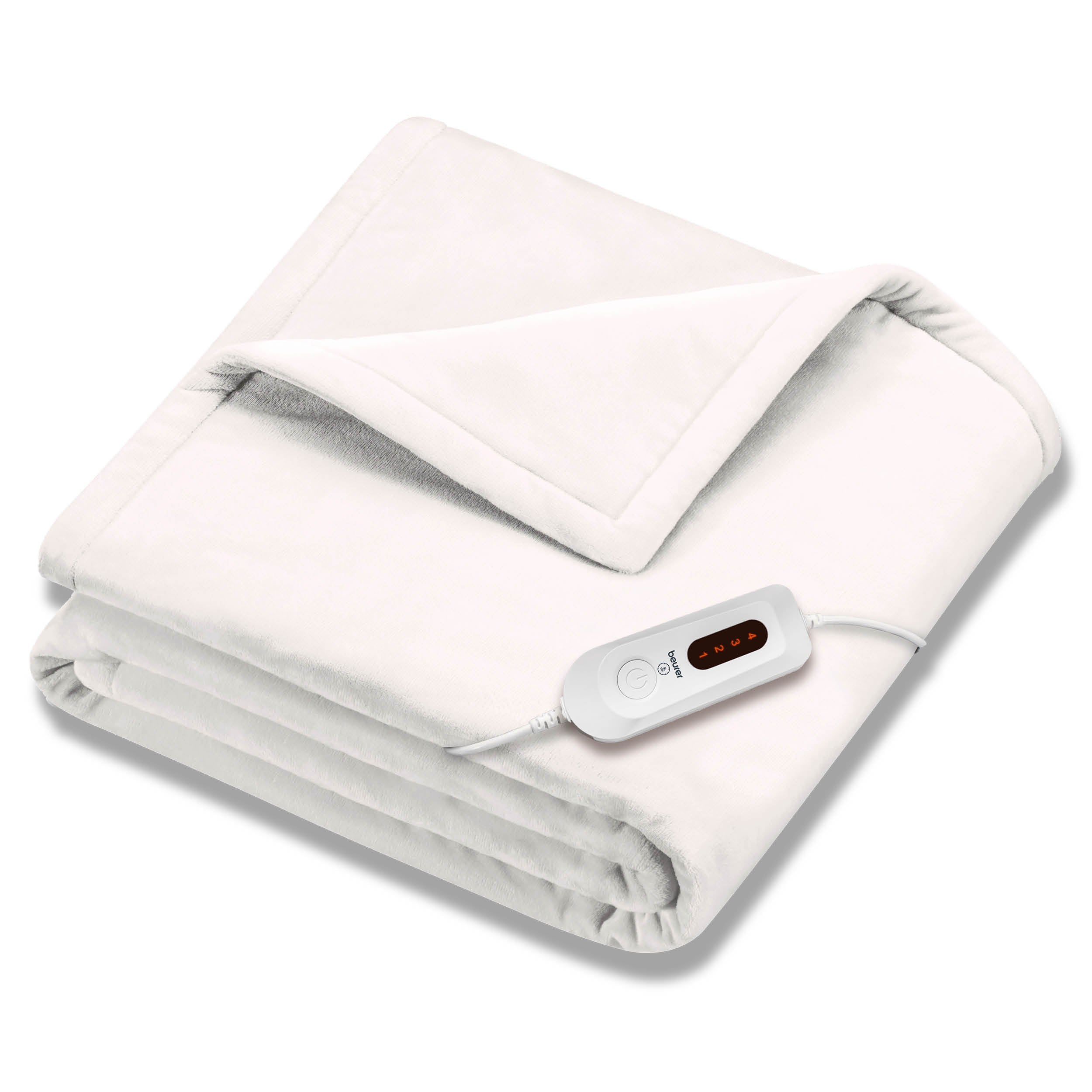 Beurer HD61 white-appearing 50 × 60-inch heated throw folded with its single four-level controller