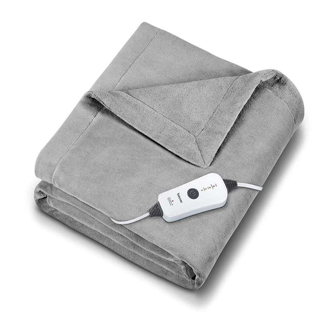 Beurer HD71 gray-appearing 50 × 60-inch heated throw folded with its single four-level controller