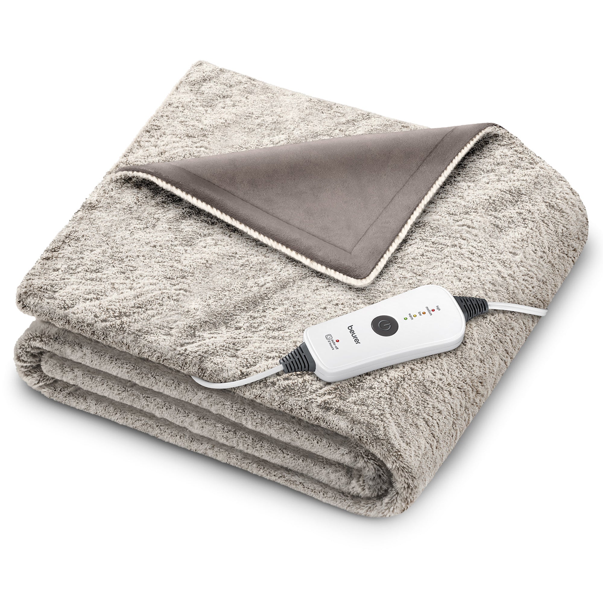 Beurer HD71N Nordic Lux 50 × 60-inch heated throw folded to show a textured light gray-looking face, a smoother contrasting section and one wired four-indicator controller