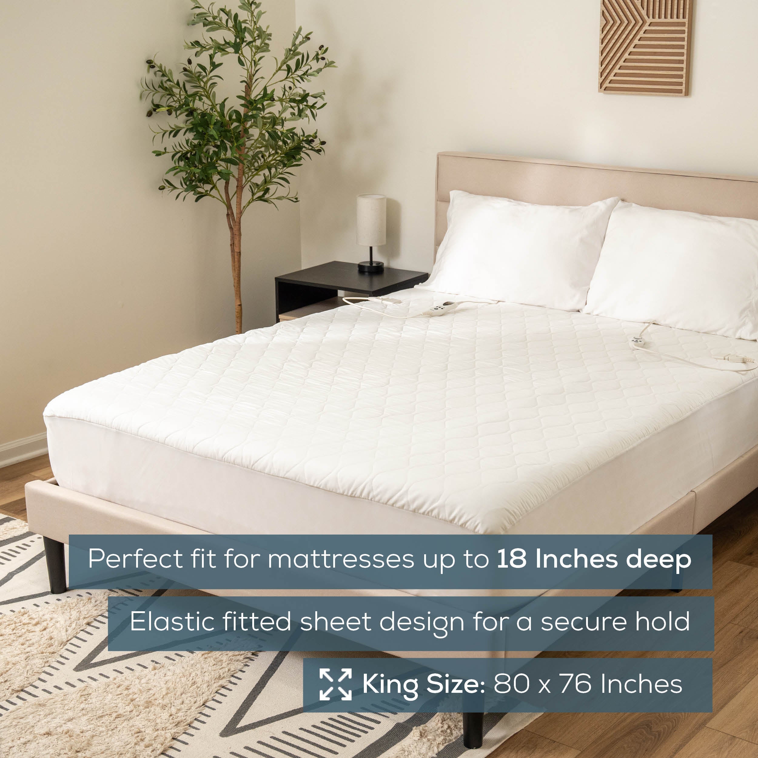 King Beurer UWB fitted heated mattress pad; official product image labels 76 × 80 inches and shows a two-controller bed setup