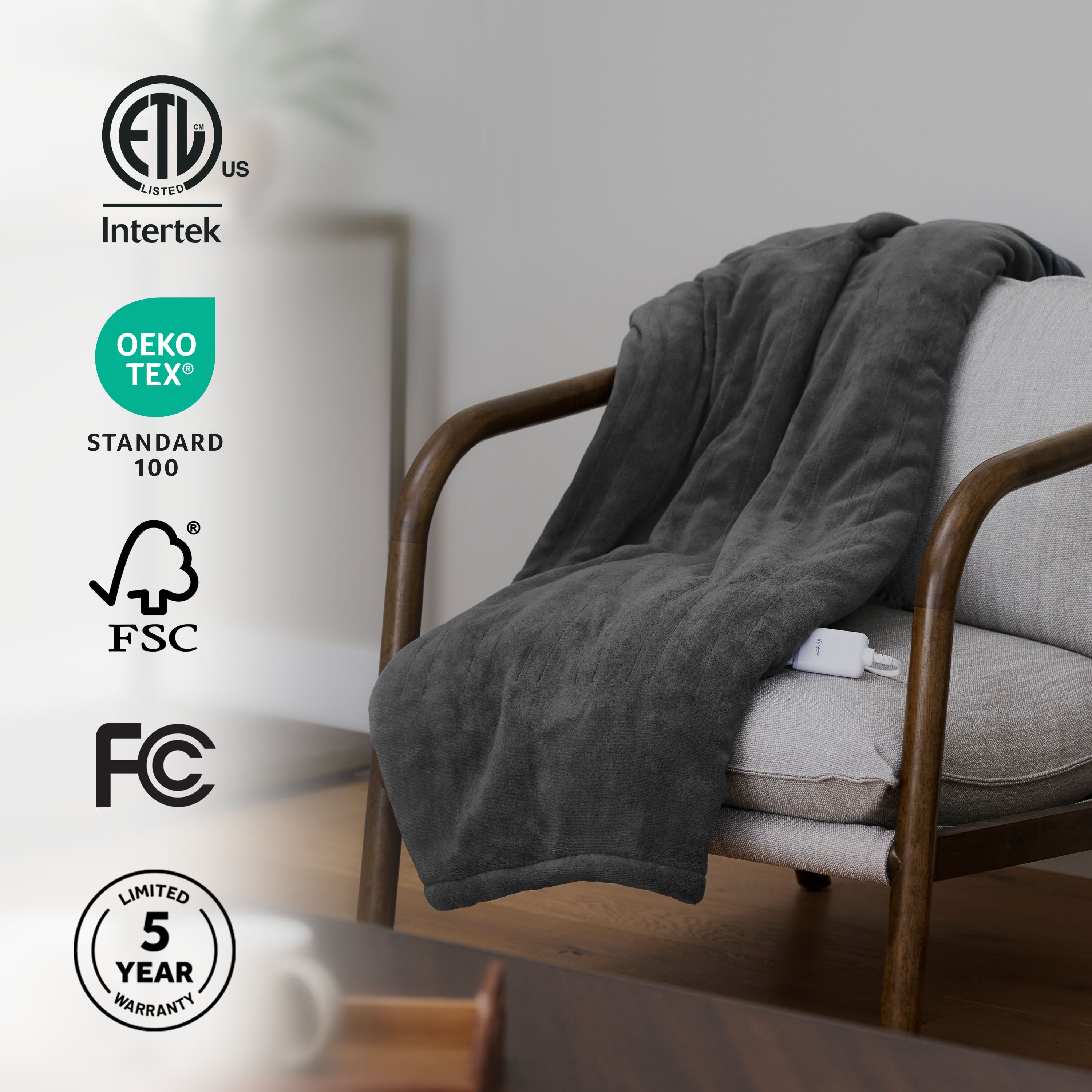 Gray Sunbeam heated throw draped over a chair, from the exact SKU 14417 product-page gallery