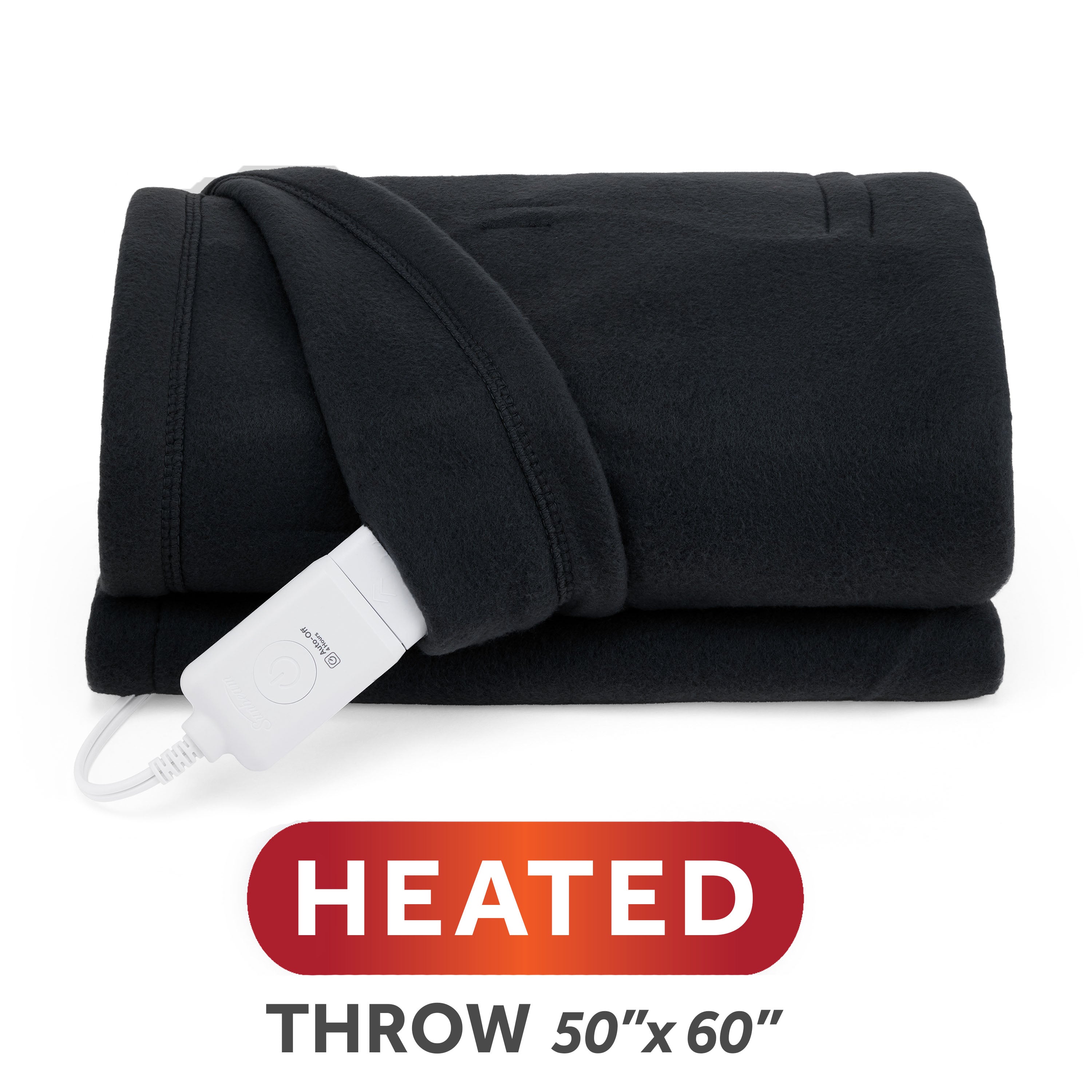 Sunbeam model 32810123 black 50 × 60-inch Brushed Fleece heated throw, folded with attached controller