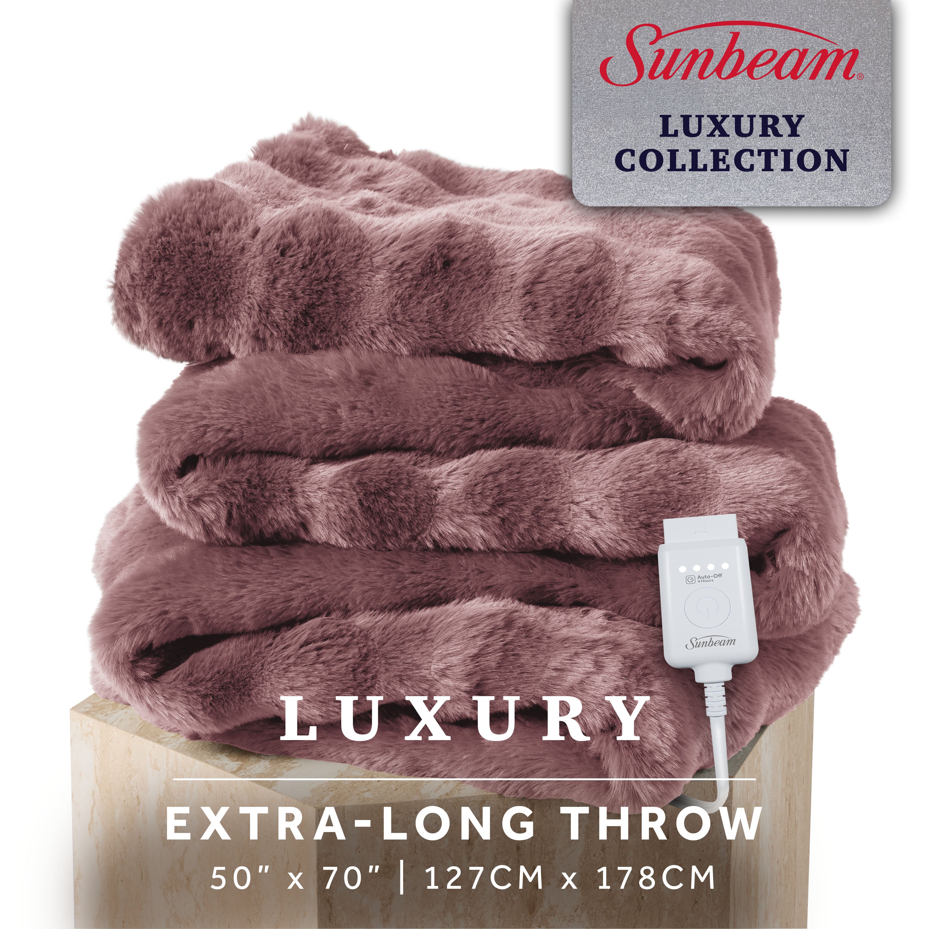 Sunbeam model 32810123 Violet Gem 50 × 70-inch bubble-faux-fur/velvet heated throw, official manufacturer image