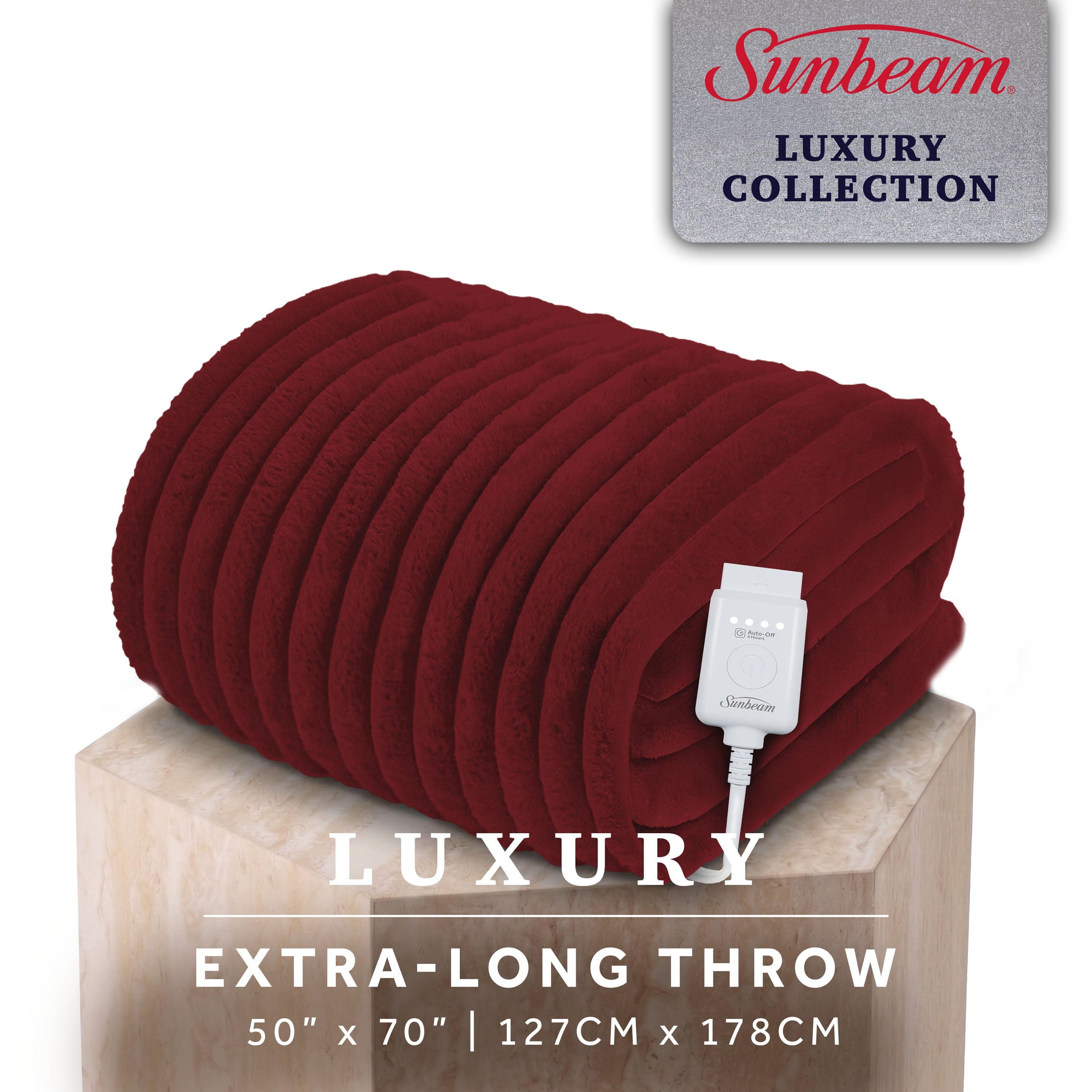 Sunbeam model 32810123 channeled faux-fur heated throw, Maroon/Luscious Merlot SKU 14621, folded with one controller