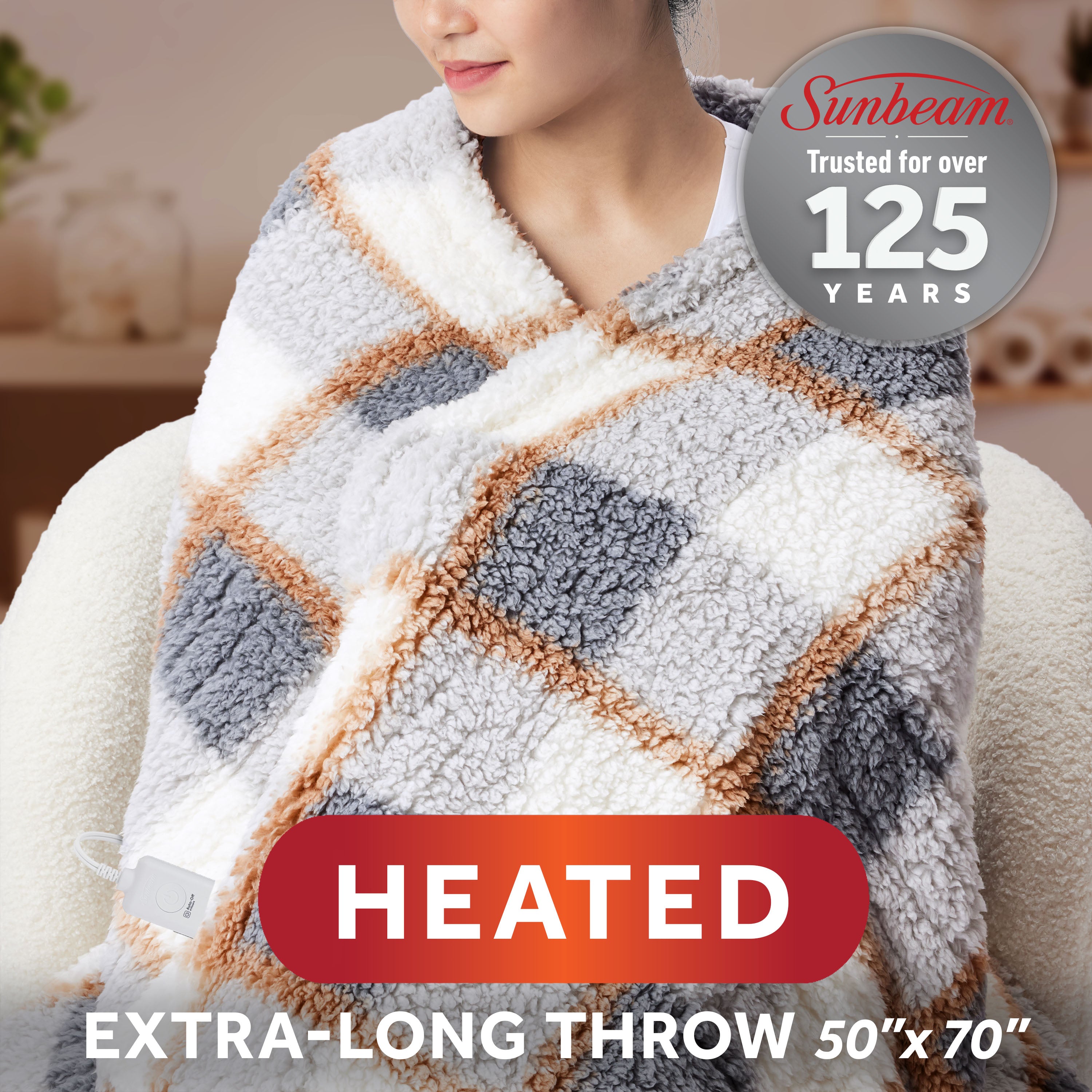Sunbeam model 32810123 Eastview Plaid Gray 50 × 70-inch heated throw, official manufacturer image