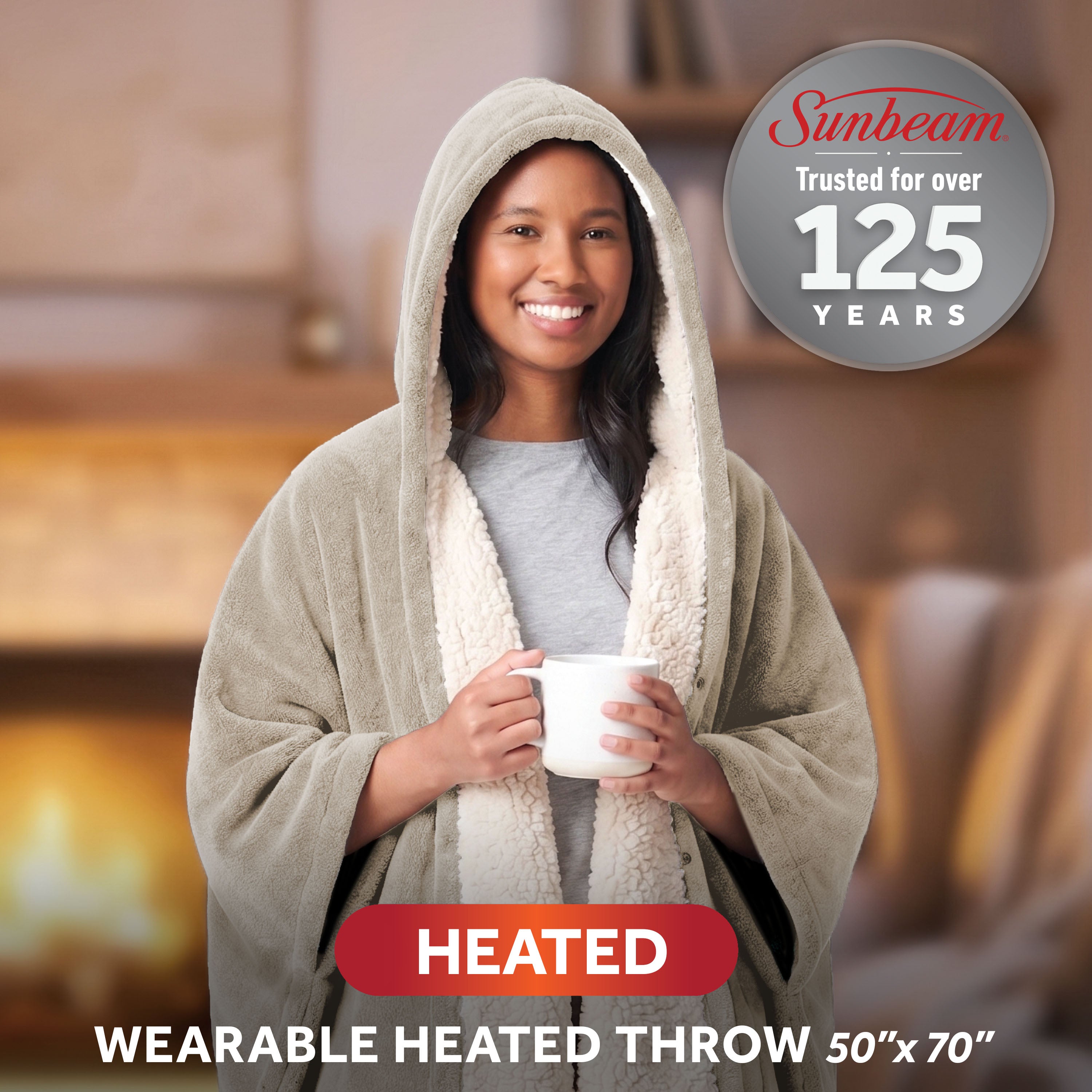 Sunbeam 32810123 SKU 14792 light gray/stone hooded wearable heated throw with contrasting sherpa lining
