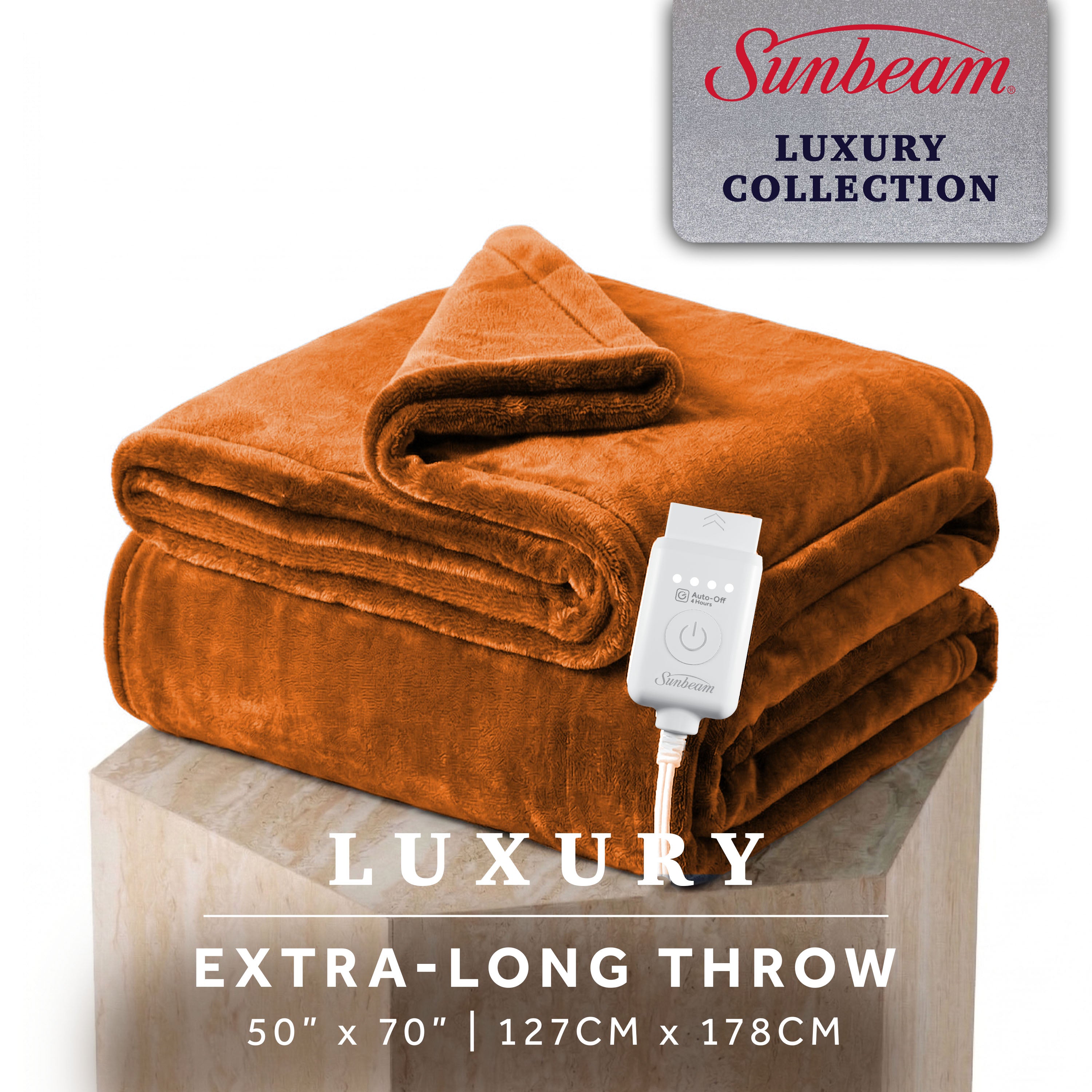 Sunbeam 32810123 Luxe Plush heated throw, Gingerbread Cookie, folded with its single controller