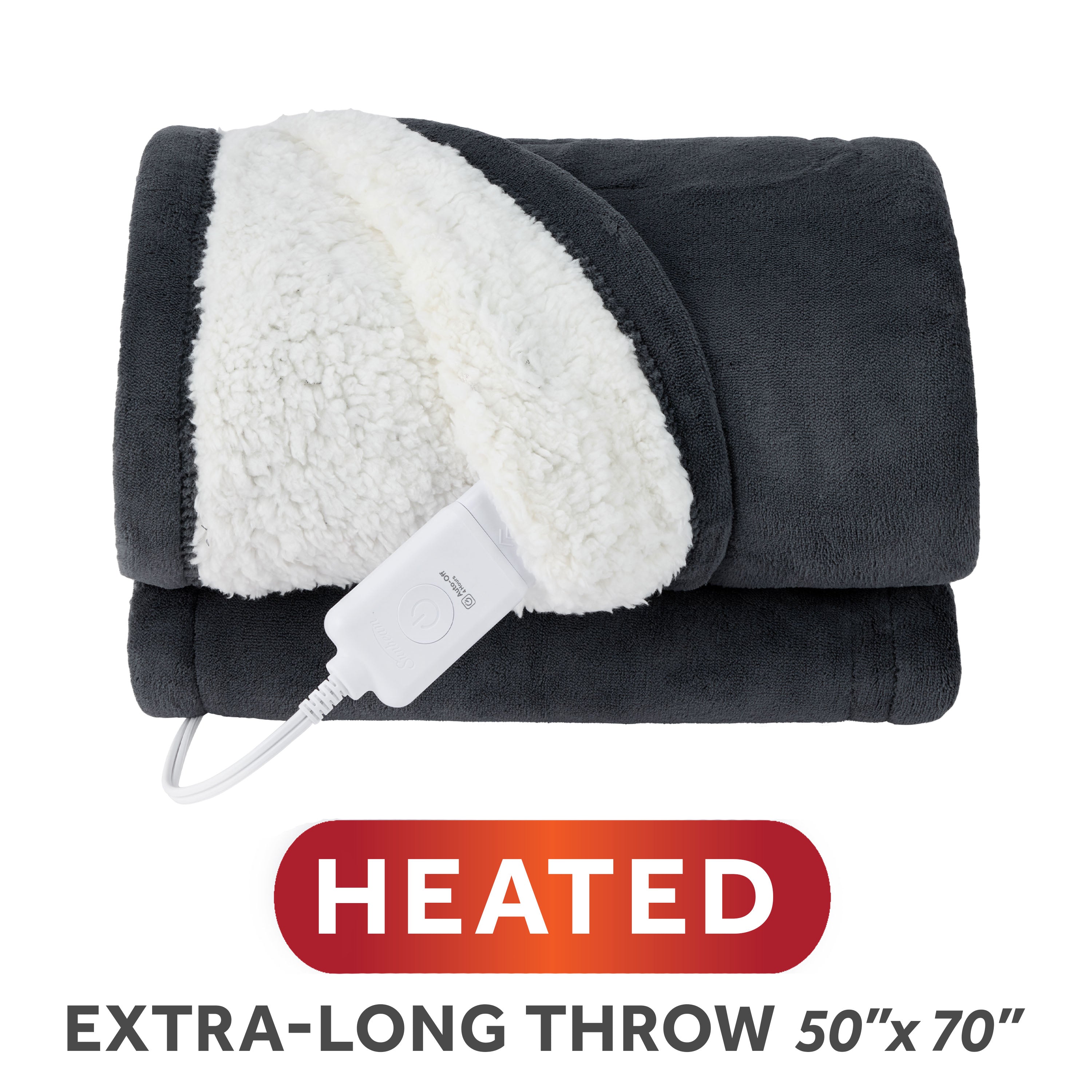 Sunbeam model-code 32810123 Greystone heated throw folded to show its Microplush face and pale Sherpa reverse beside one corded controller