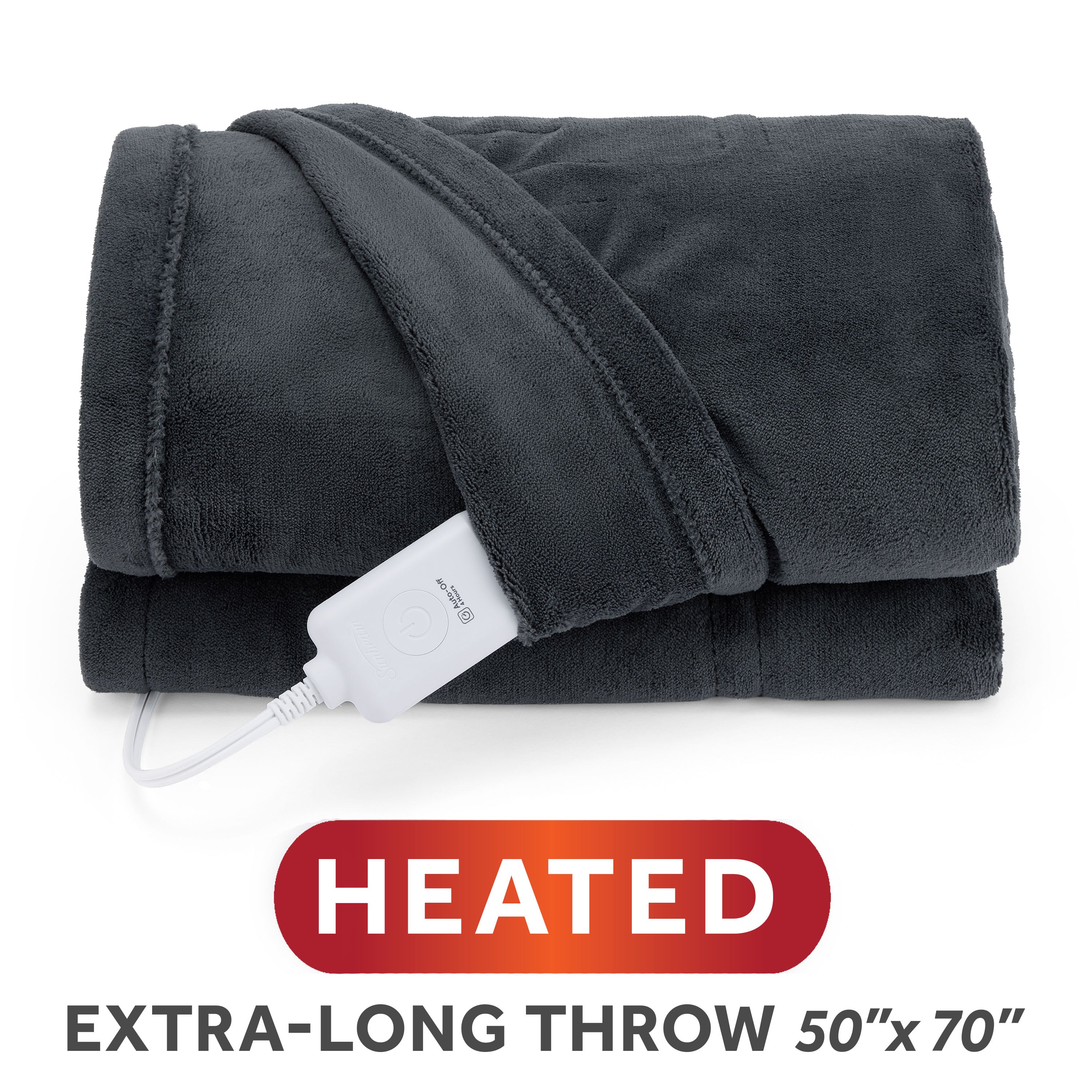 Sunbeam 32810123 Greystone 50 × 70-inch Microplush heated throw, folded with its inline controller