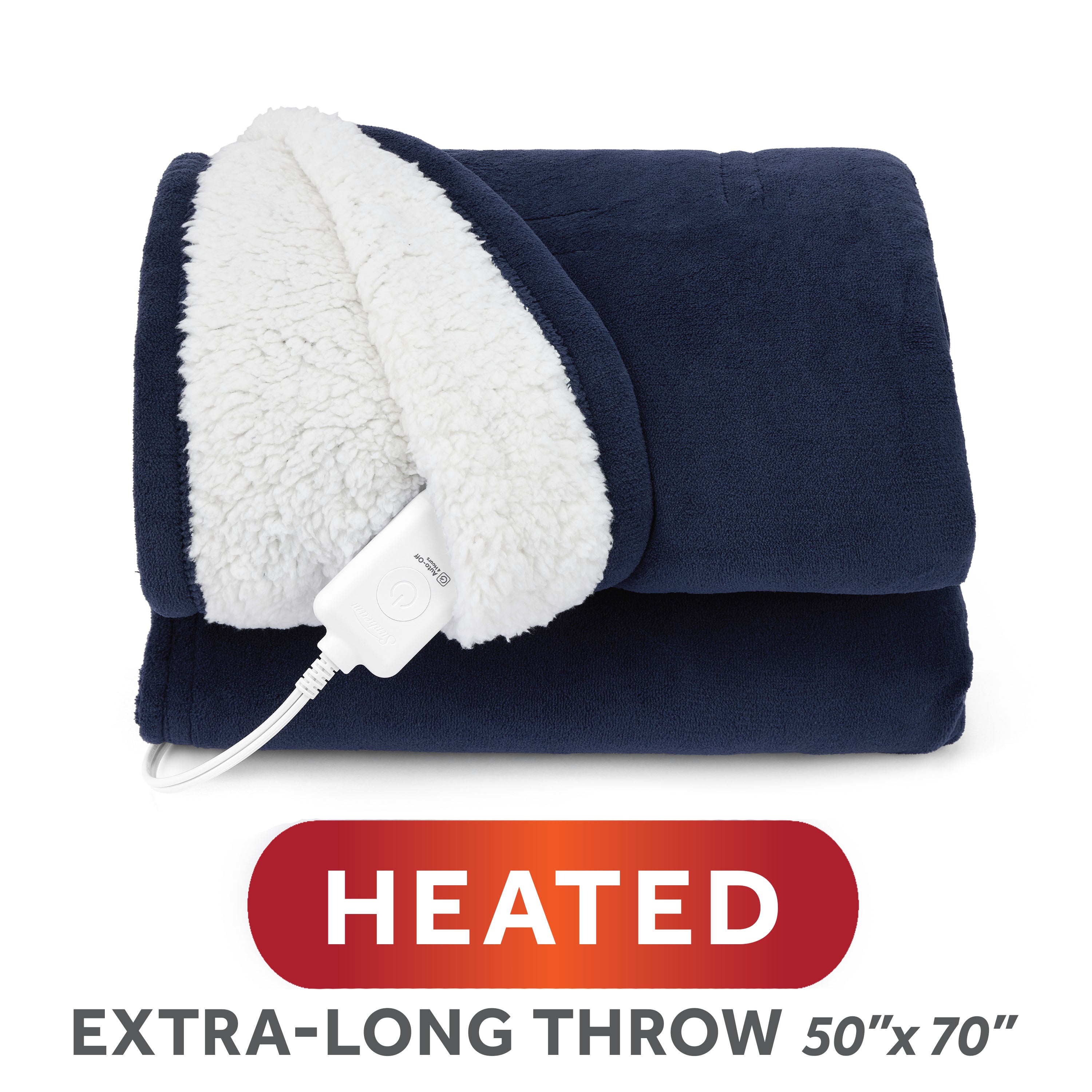 Official Sunbeam image for Navy Blue heated throw SKU 14411, folded to show Microplush and Sherpa surfaces