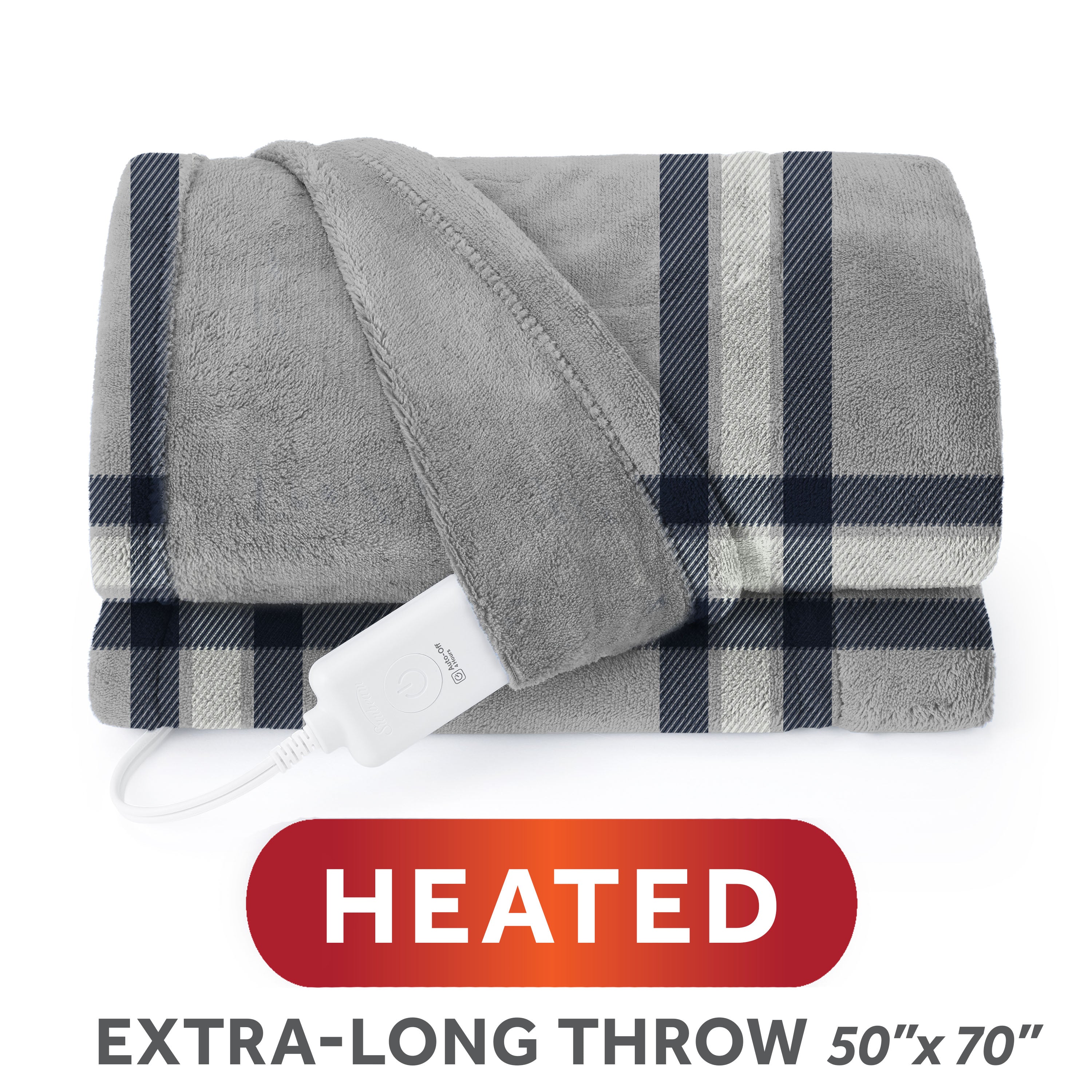 Official Sunbeam image for Paler Plaid Gray listing SKU 14786, folded to show its Microplush surface and attached controller