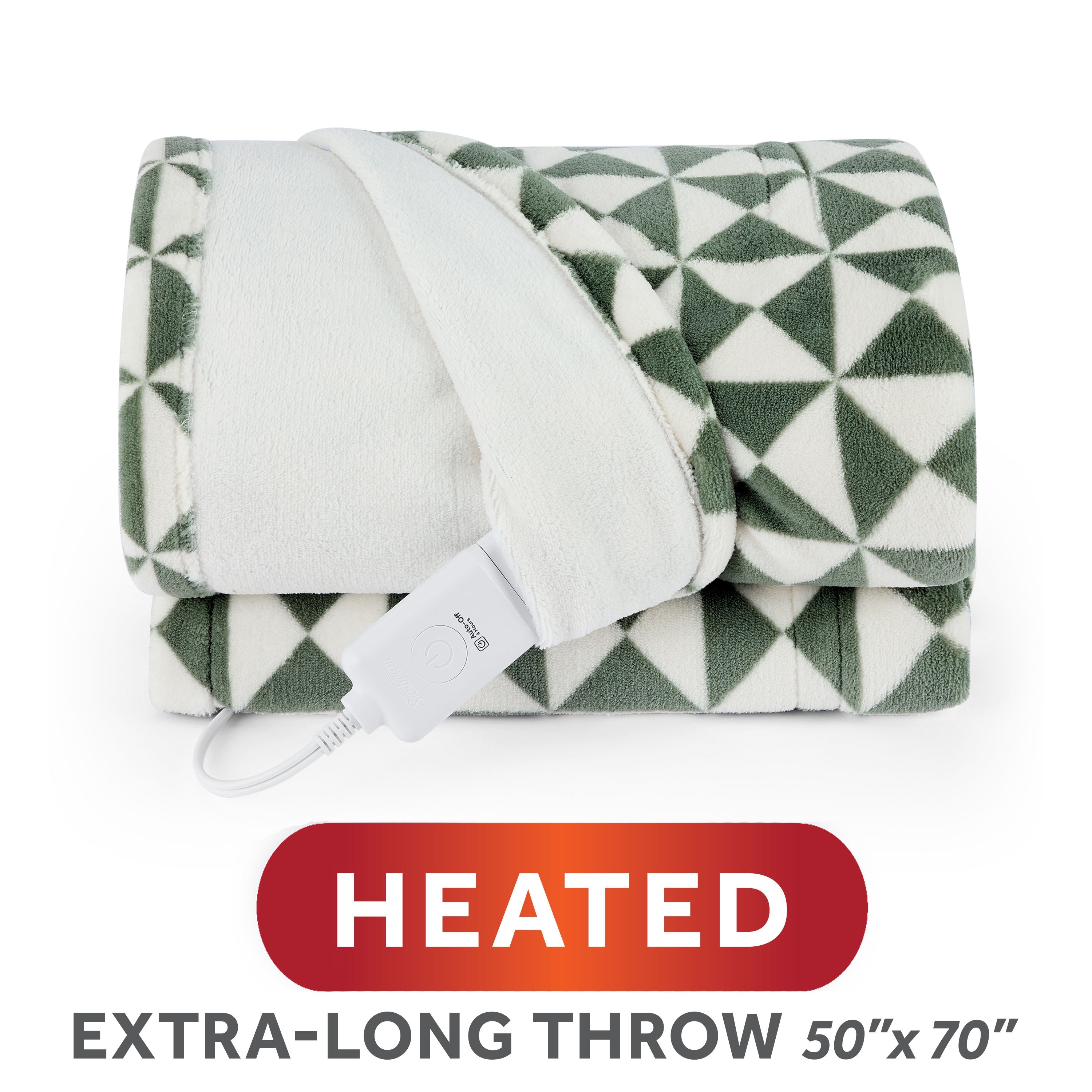 Official Sunbeam image for Sage Green Triangle heated throw SKU 14410, folded to show its printed face, Microplush reverse and controller