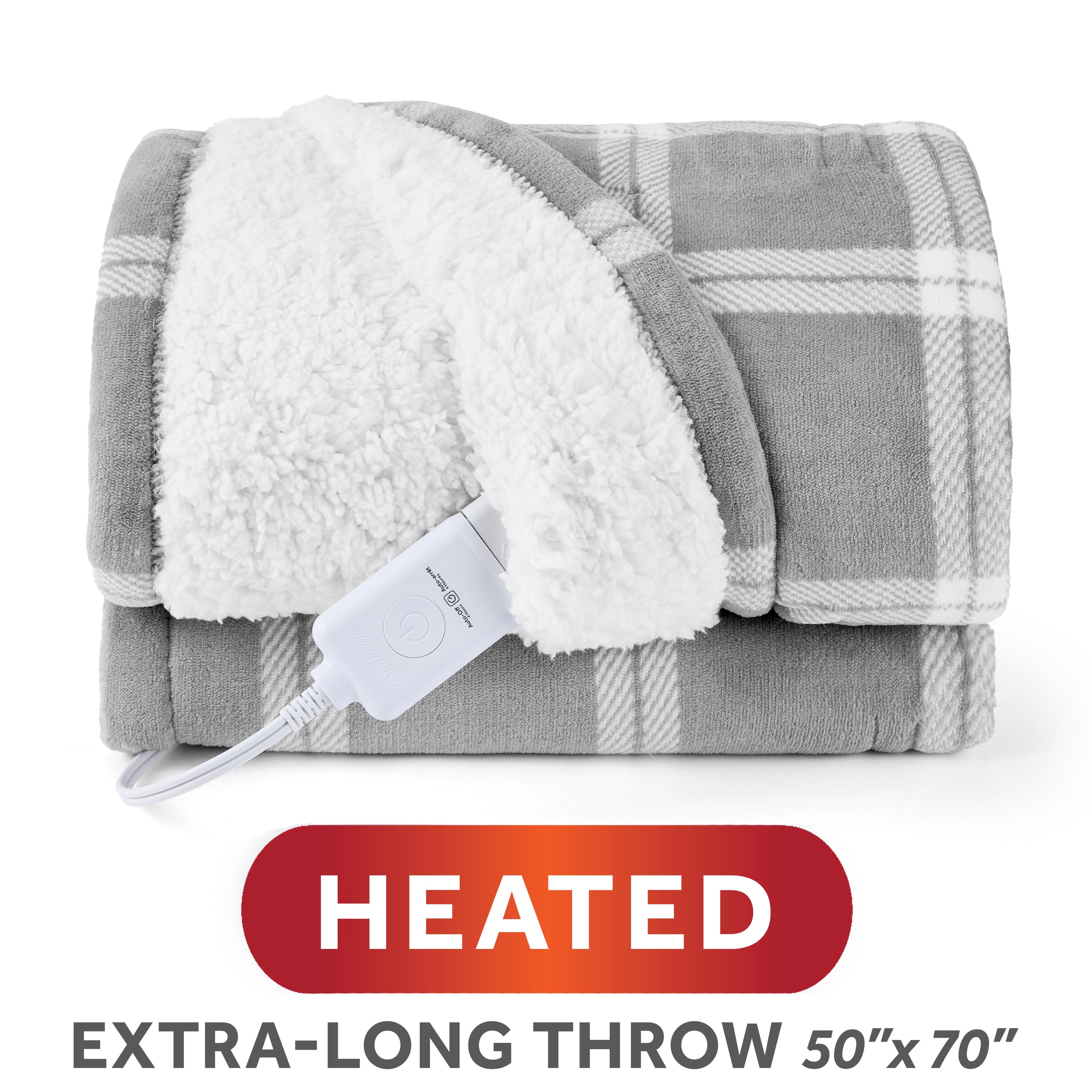 Official Sunbeam image for Tartan Gray / Tartan Grey heated throw SKU 14412, folded to show its face/reverse fabric and attached controller