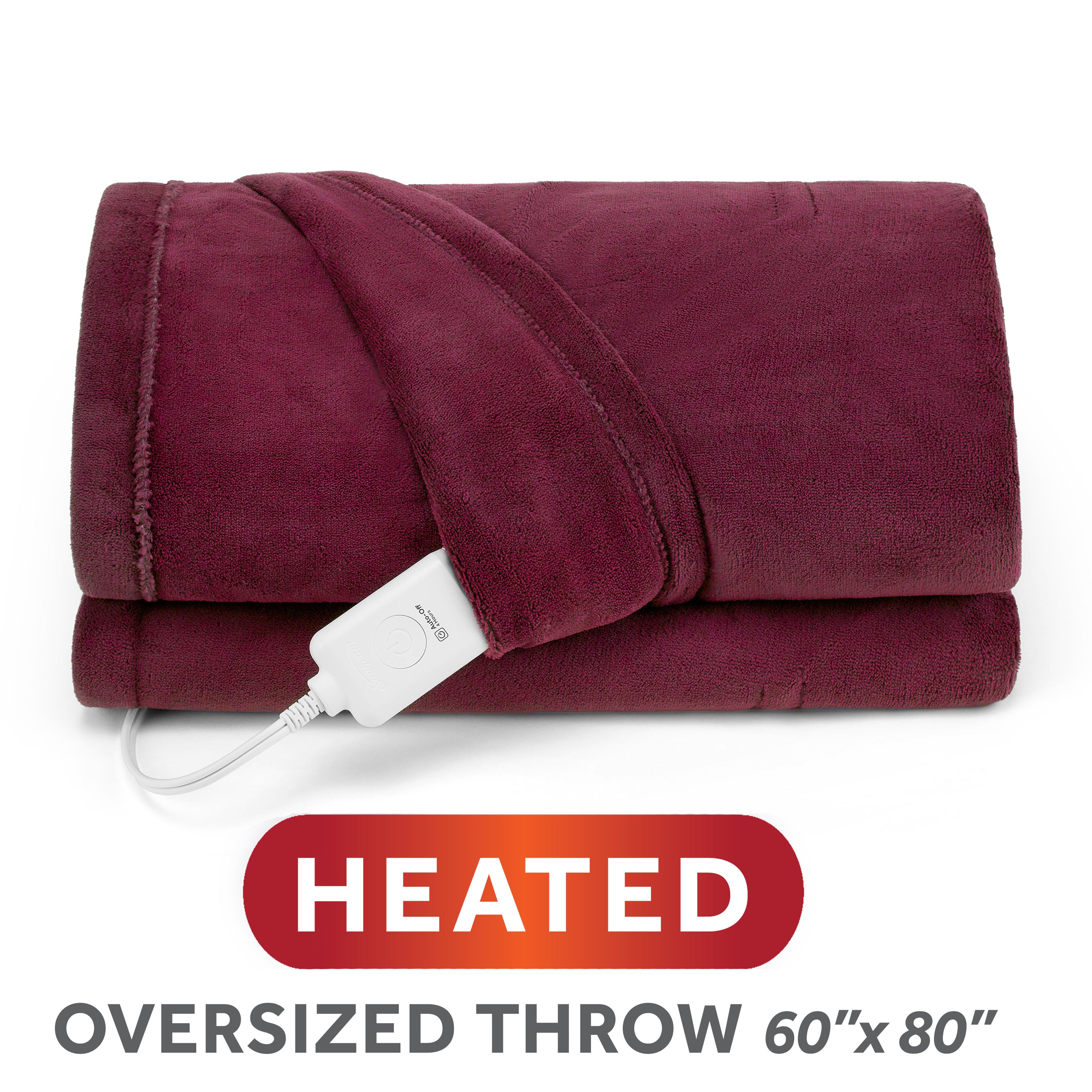 Sunbeam model 32810124 60 × 80-inch Luscious Merlot Microplush heated throw folded with its single controller