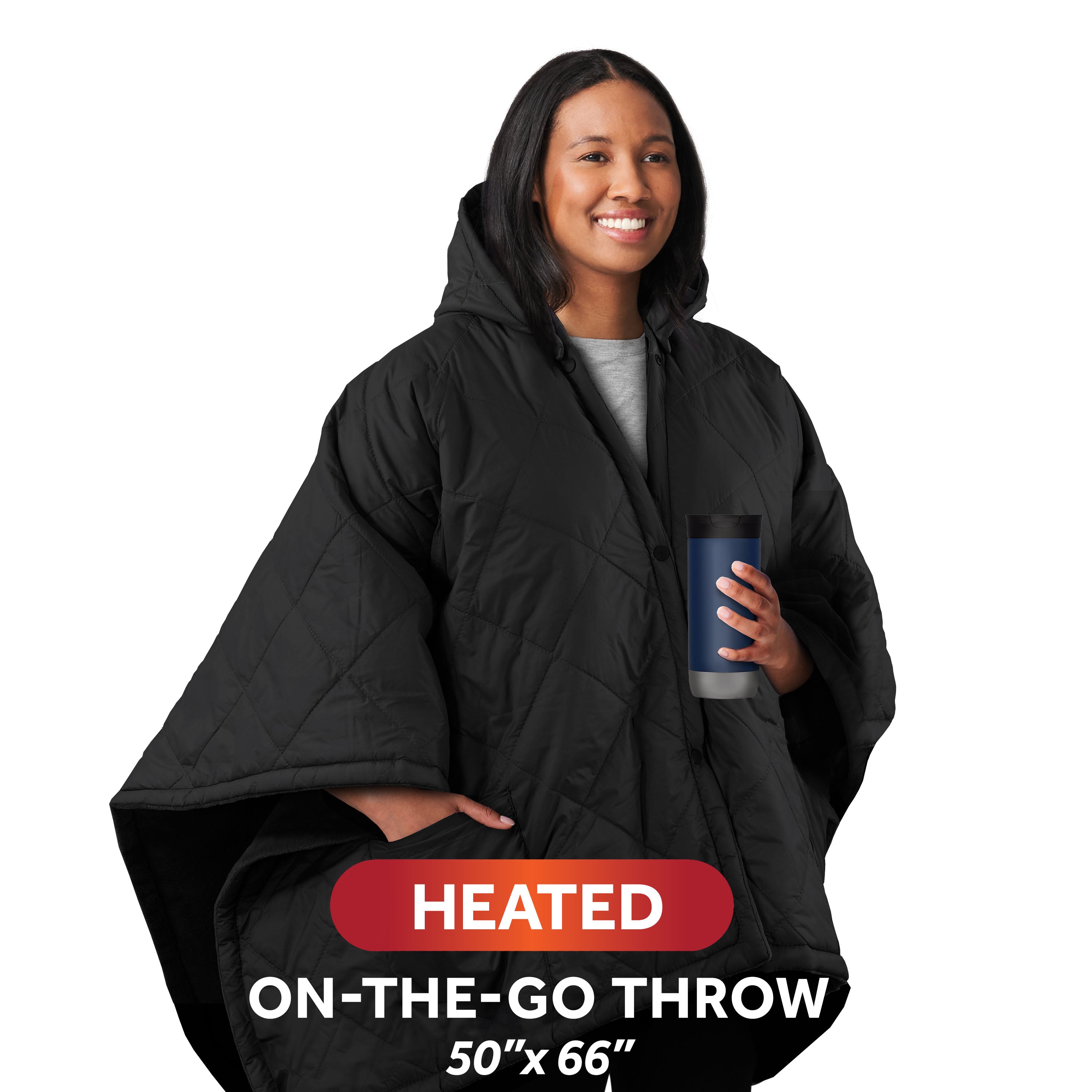 Sunbeam model 32810128 black 50 × 66-inch On-the-Go heated throw worn as a hooded cape