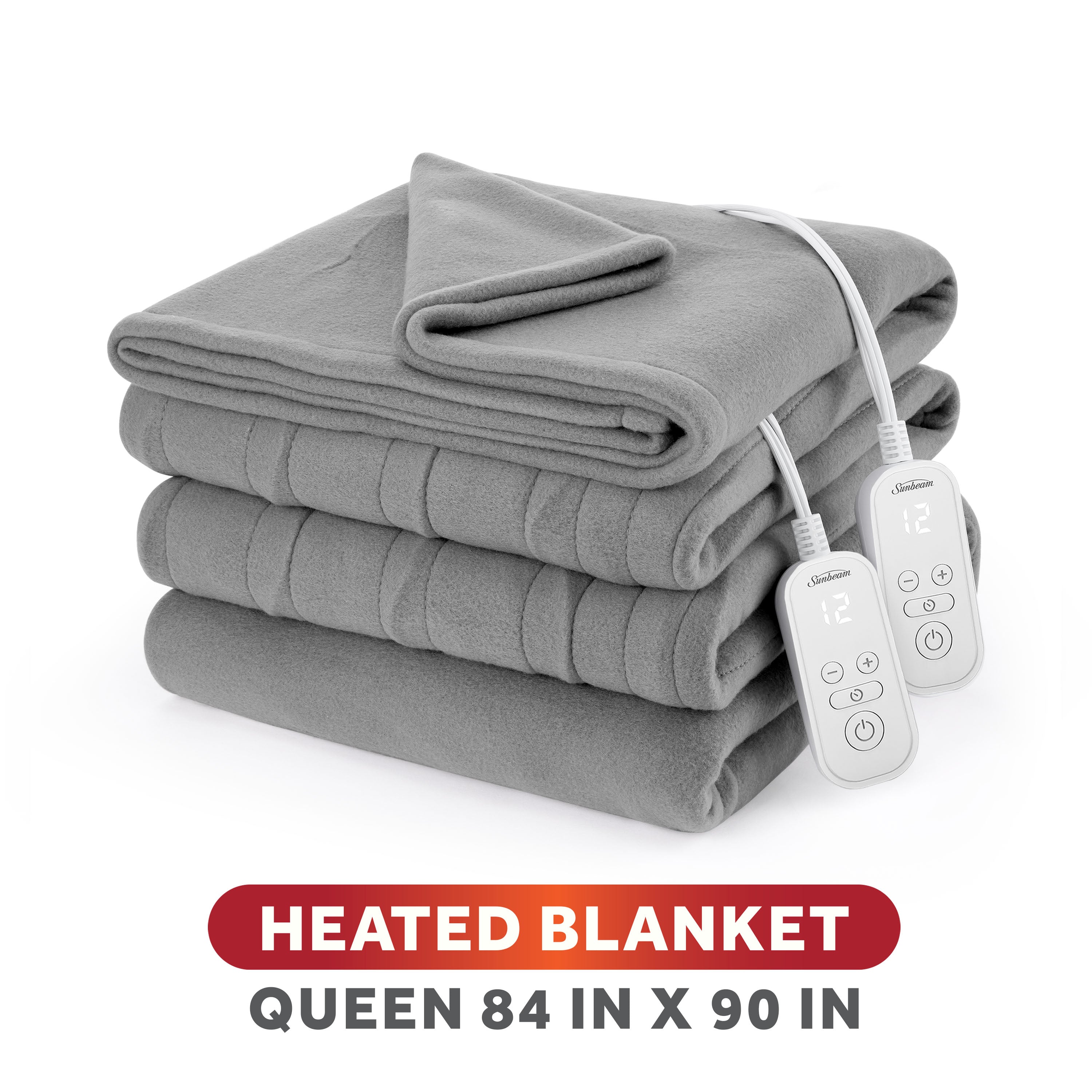 Sunbeam 32810136 gray Queen brushed-fleece heated blanket folded with two controllers