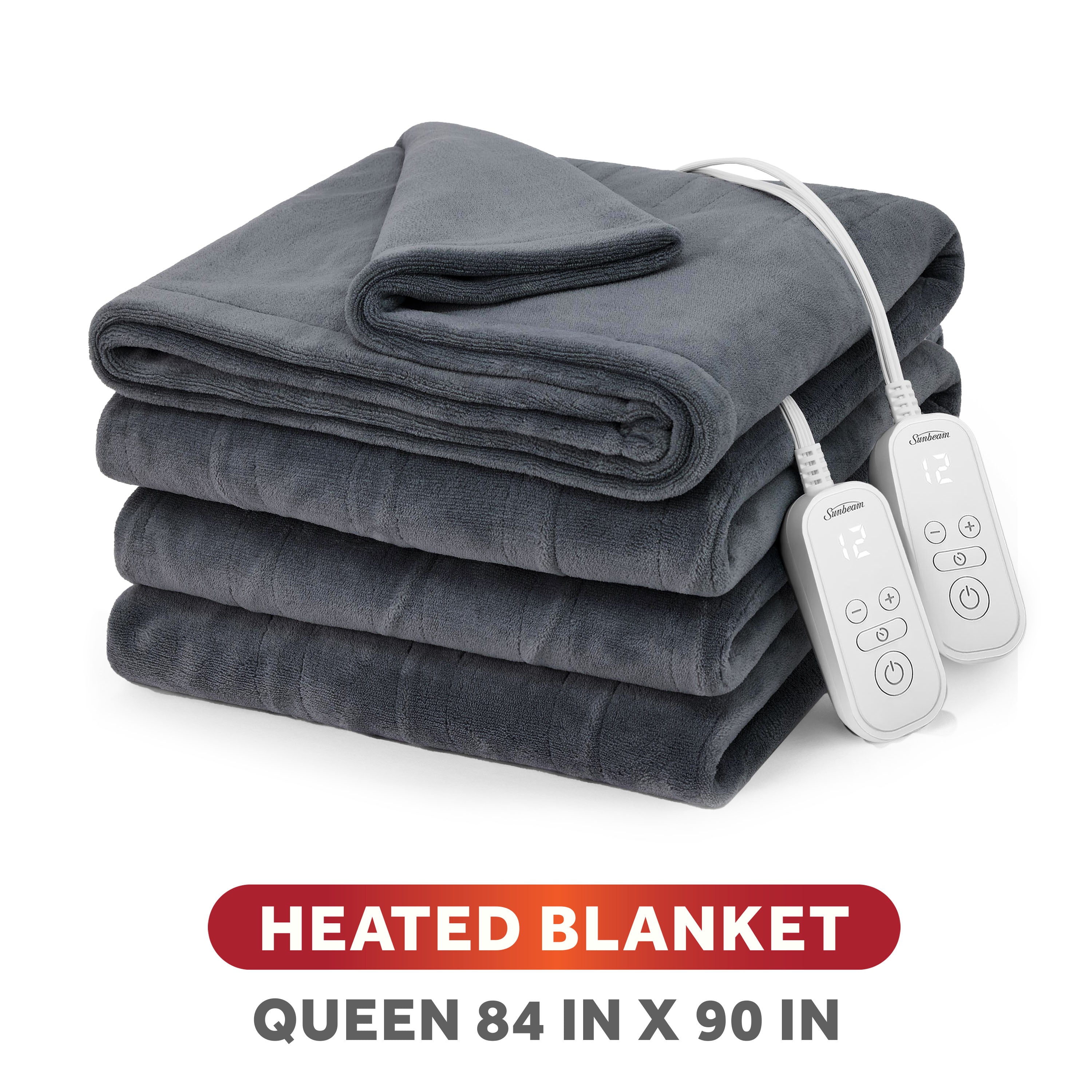 Sunbeam 32810144 Greystone Queen microplush heated blanket folded with two controllers