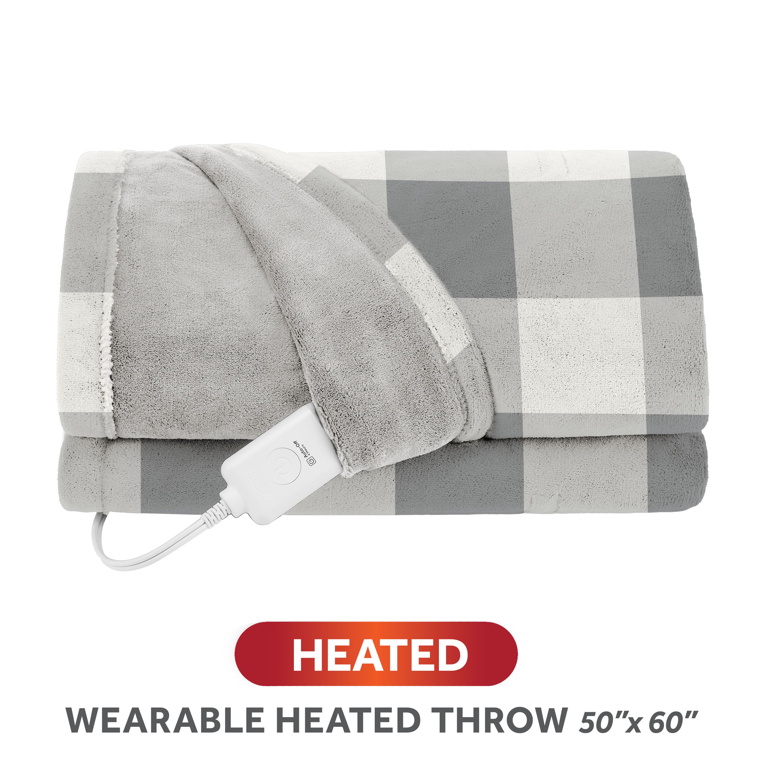 Sunbeam model 32810183 Buffalo Gray 50 × 60-inch wearable heated throw, folded with its controller