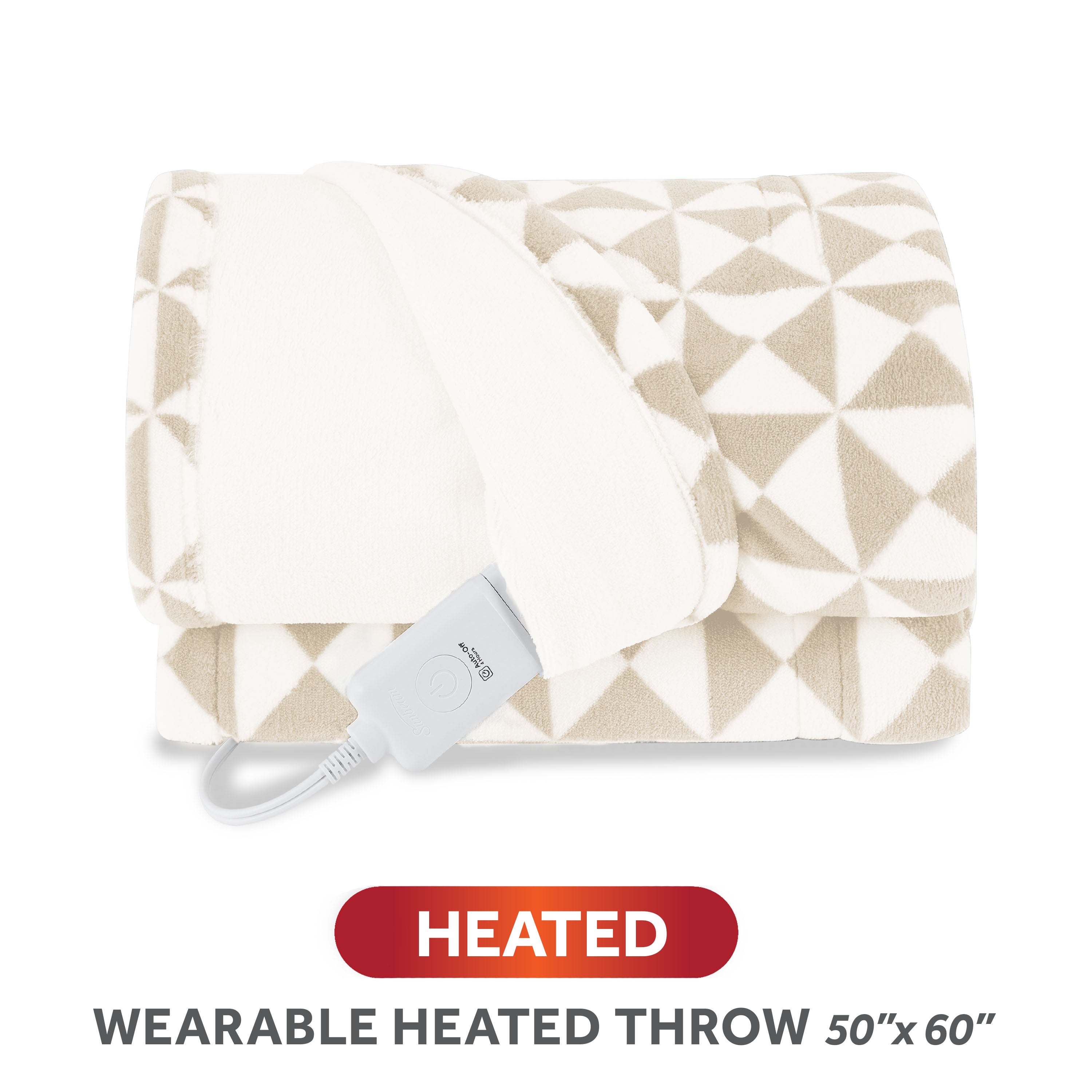 Official Sunbeam image for Triangle Taupe wearable heated throw SKU 14593, folded with its controller