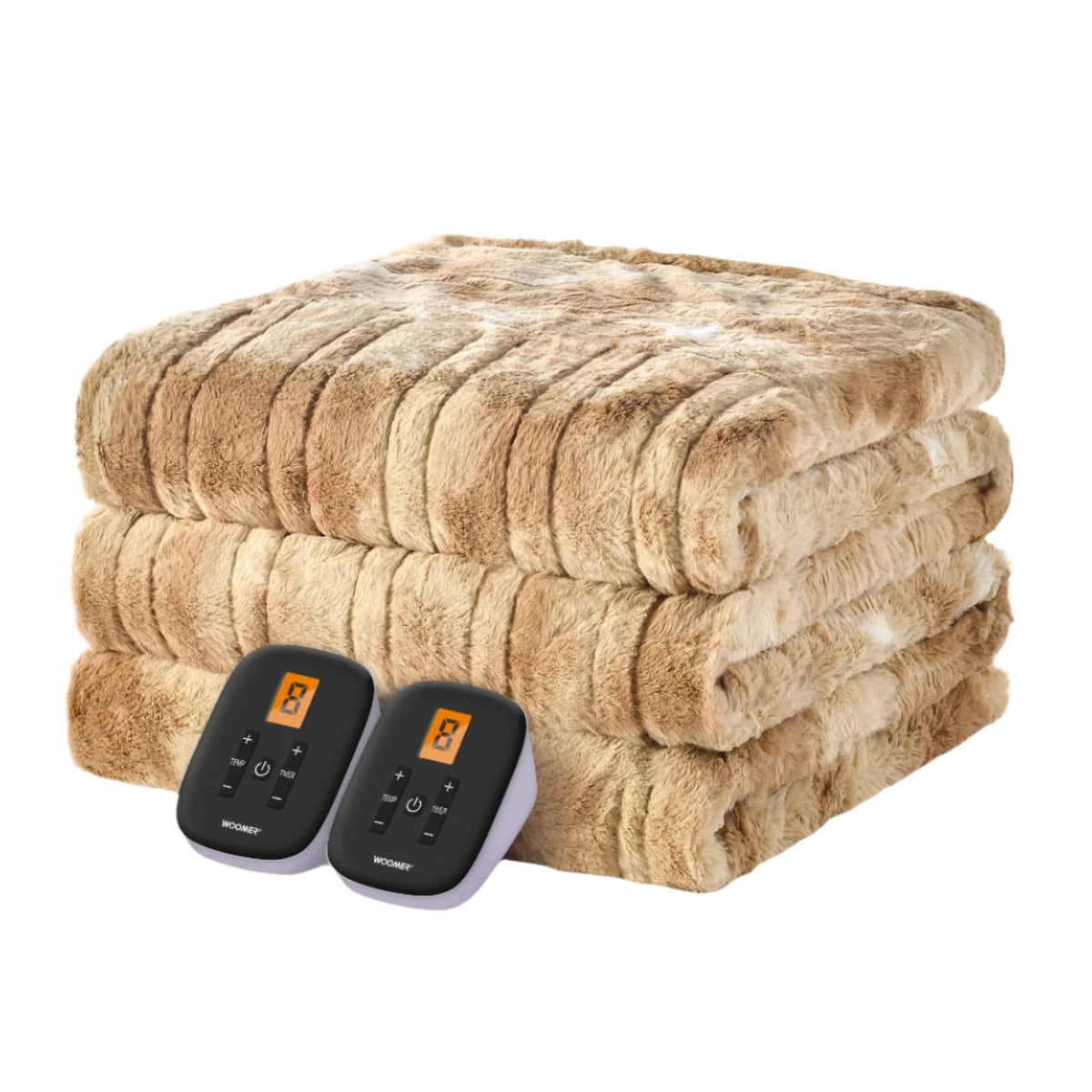 Folded beige faux-fur electric blanket with two wired handsets visible in the WOOMER linked product image.