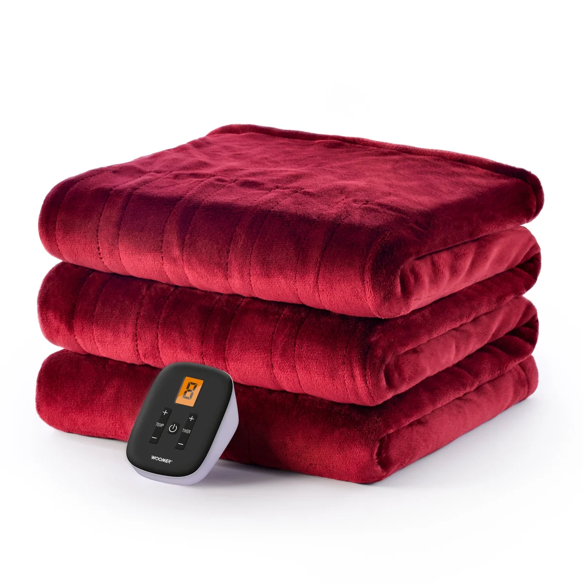 Folded Burgundy WOOMER blanket with one handset visible